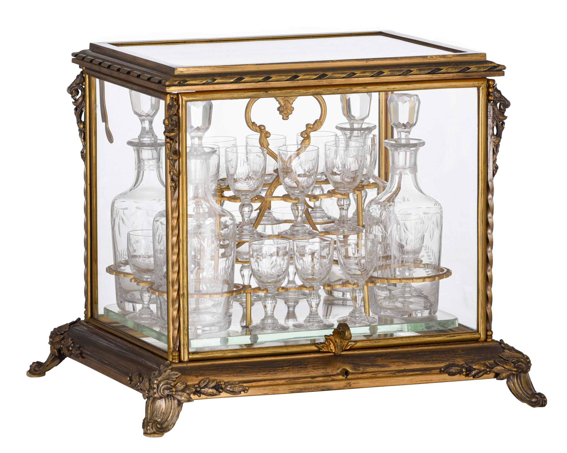 A Napoleon III 'Cave a Liqueur', gilt bronze and etched glass, late 19thC, H 29,&hellip;