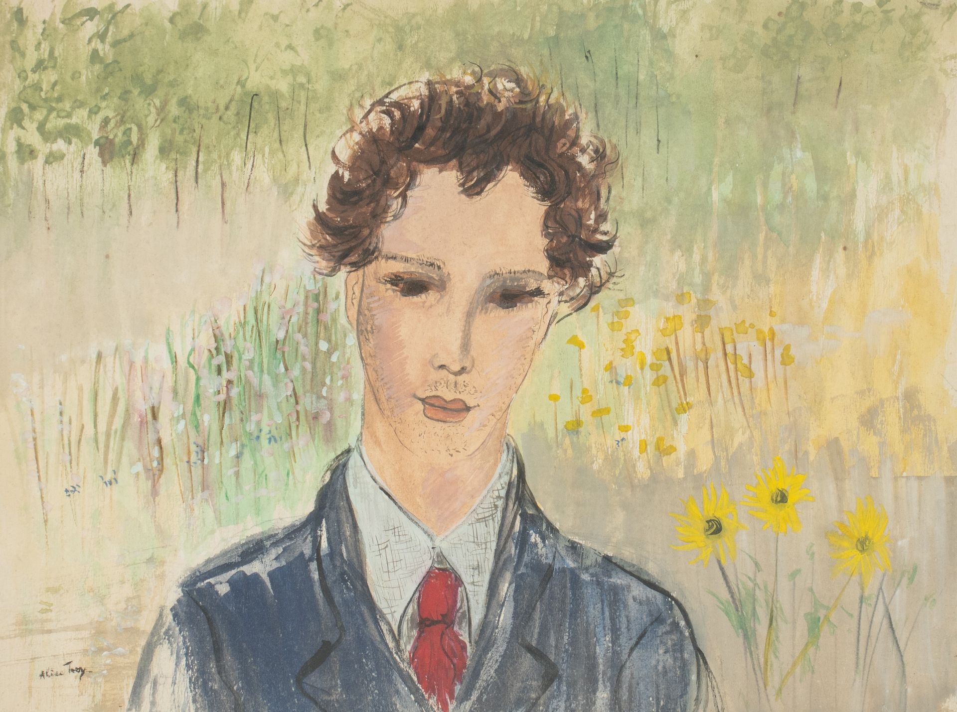 Alice Frey (1895-1981), portrait of a man in a garden setting, ink, watercolour &hellip;