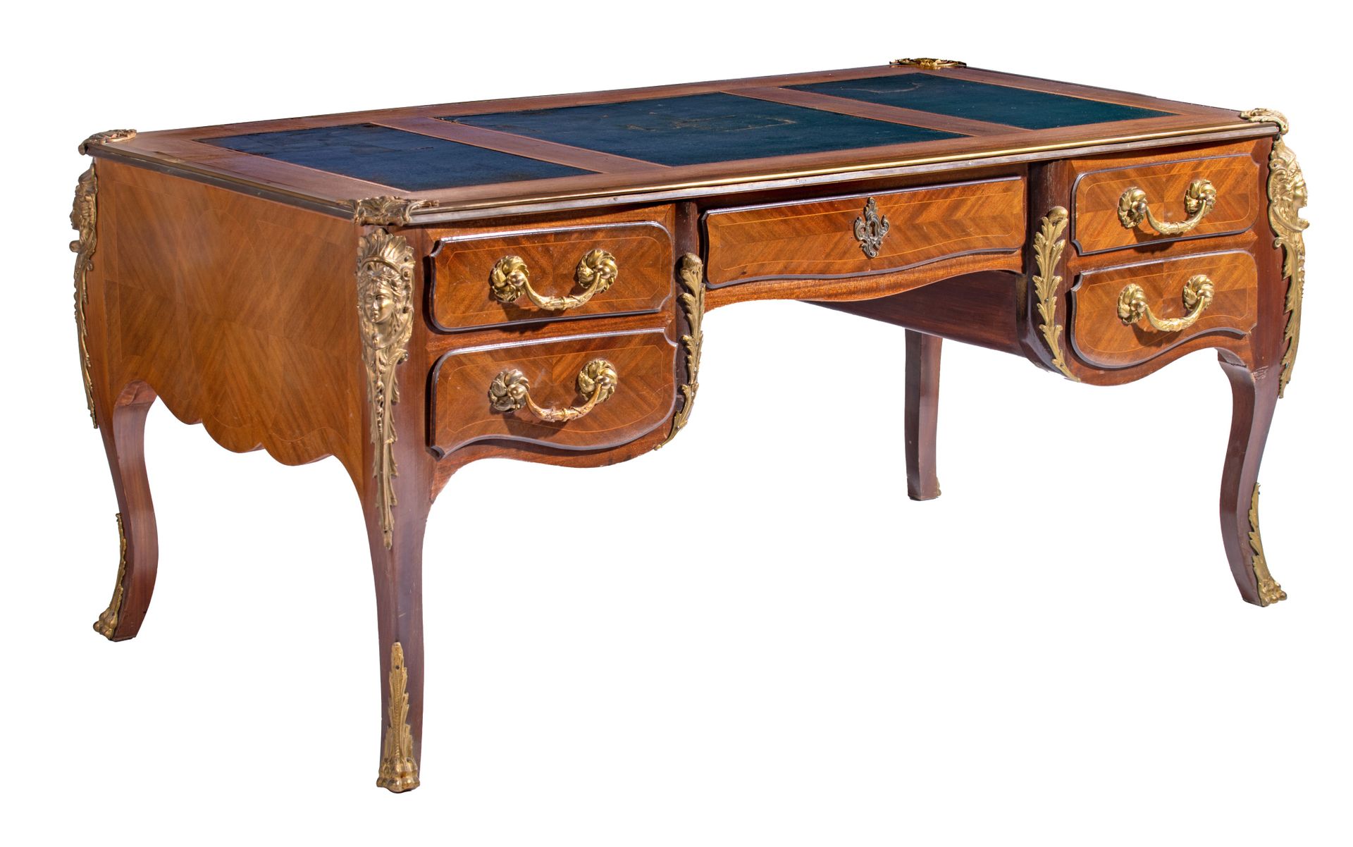 A Louis XV style mahogany veneered bureau plat with gilt bronze mounts, H 80 - W&hellip;