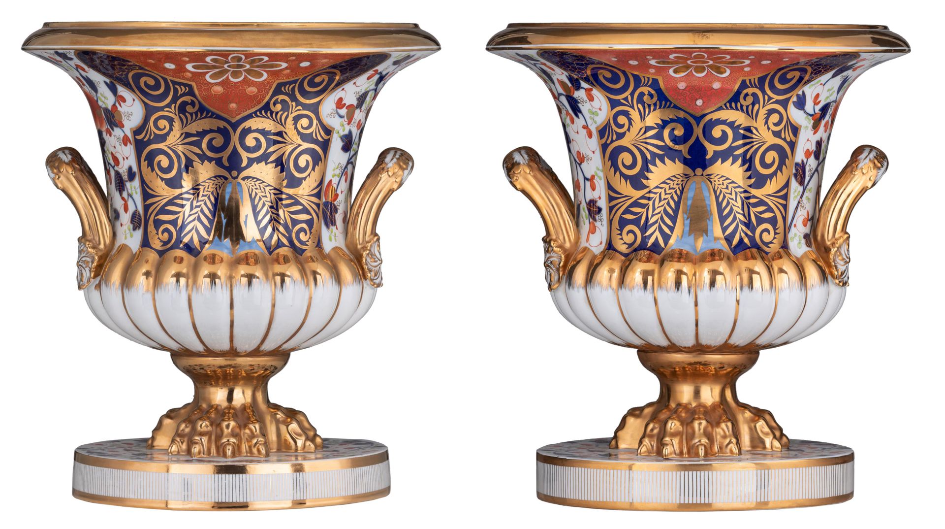An imposing pair of campana shaped vases, with an Imari design, marked Derby, H &hellip;