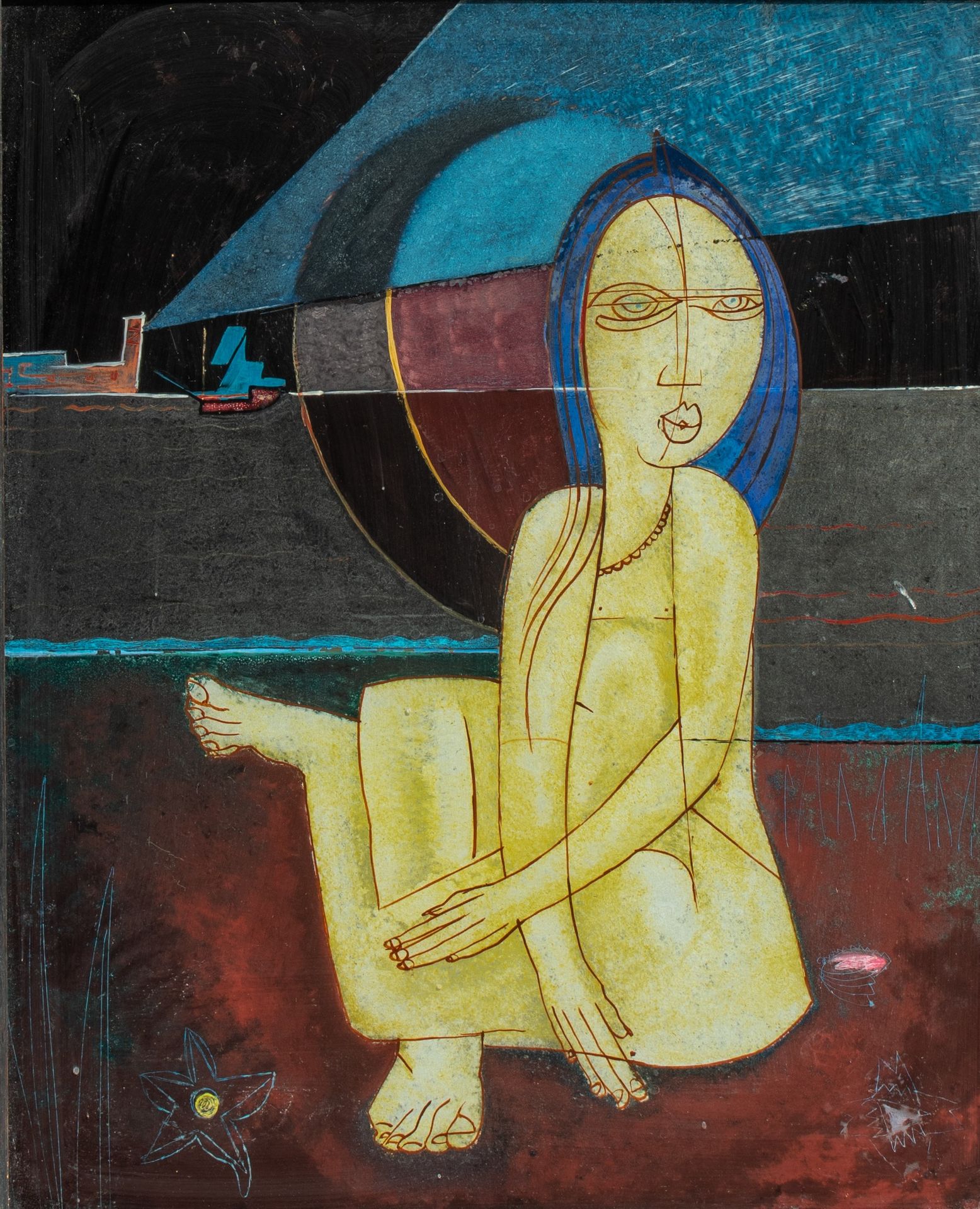 Floris Jespers (1889-1965), 'Femme assise (Coquillage)', eglomise, 35 x 43 cm Fl&hellip;