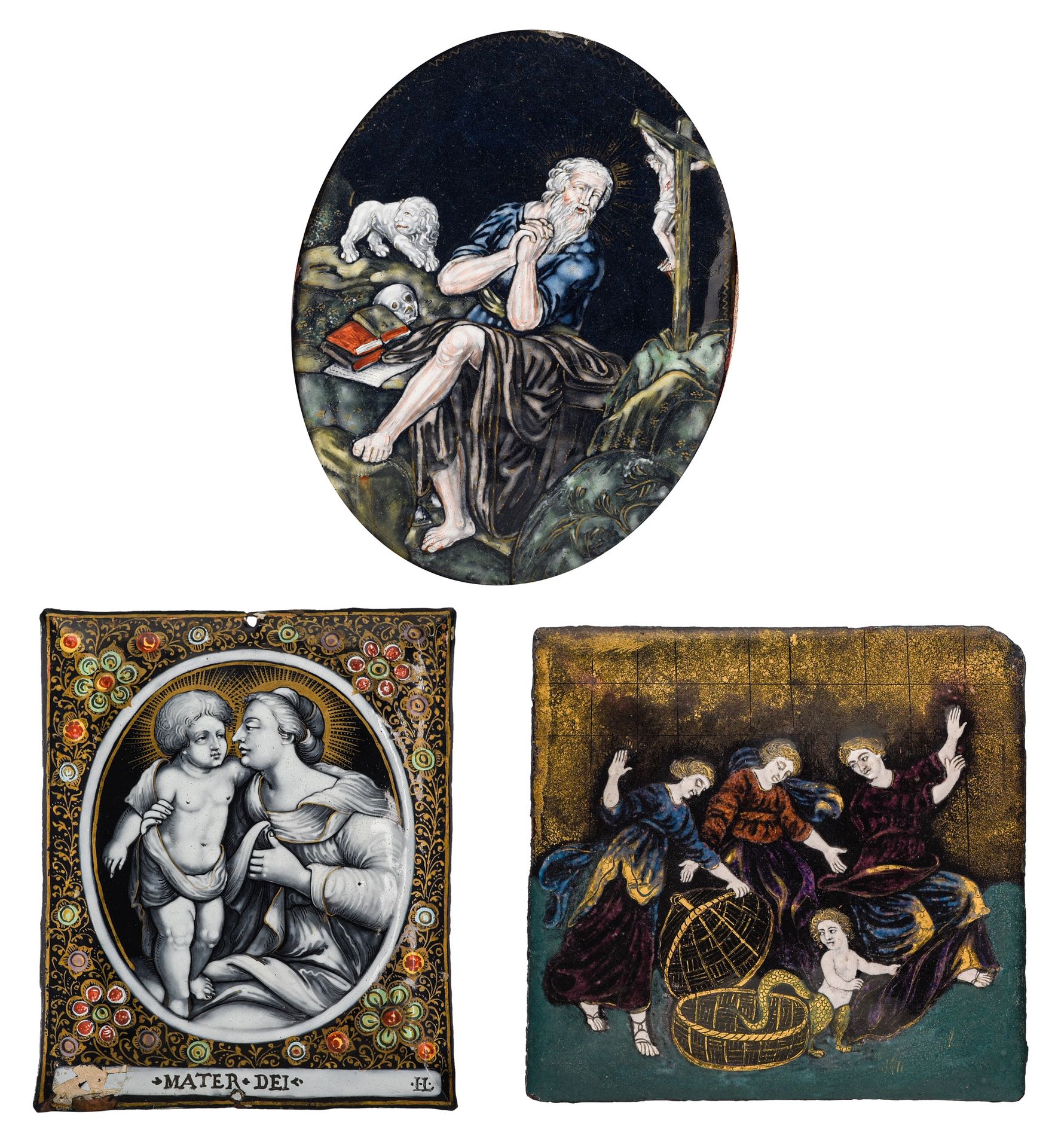 Three polychrome Limoges enamel plaques, H 11 - 15,5 cm 三块多色利摩日珐琅牌，高11 - 15,5厘米
&hellip;