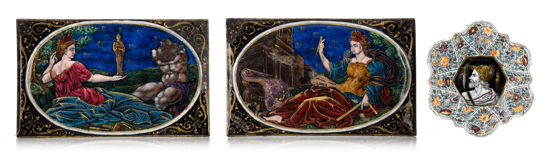 A Limoges enamel bowl (19thC) and 2 Limoges enamel plaques, (16thC), H 4,2 / 12,&hellip;