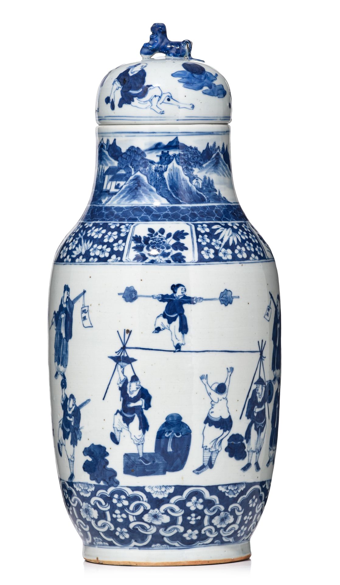 A Chinese blue and white 'Figural' lidded vase, 19thC, H 49,5 cm Vase à couvercl&hellip;