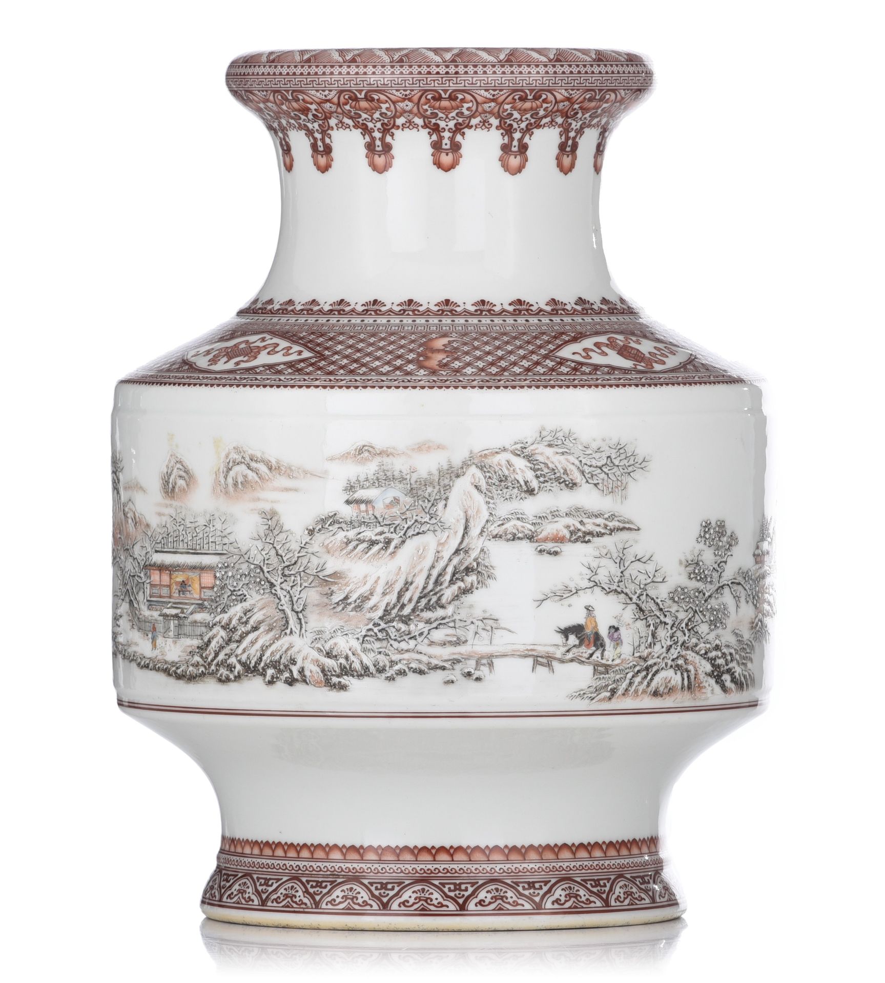 A Chinese famille rose and grisaille 'Winter Landscape' vase, with signed texts &hellip;