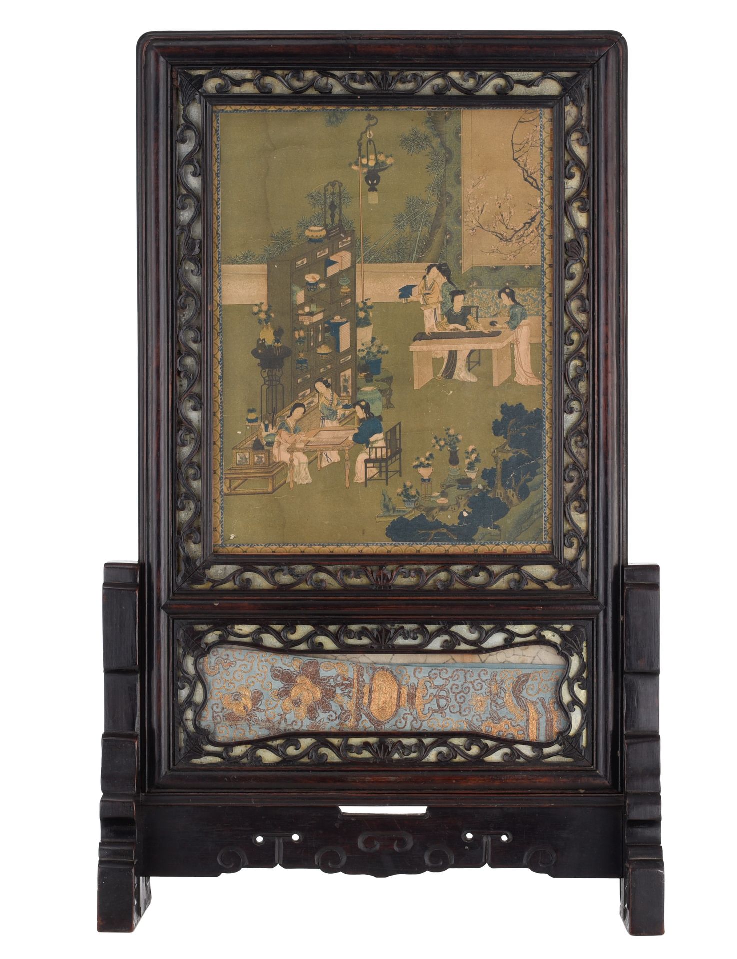 A Chinese hardwood table screen, enclosing an old print and a silk embroidery, R&hellip;
