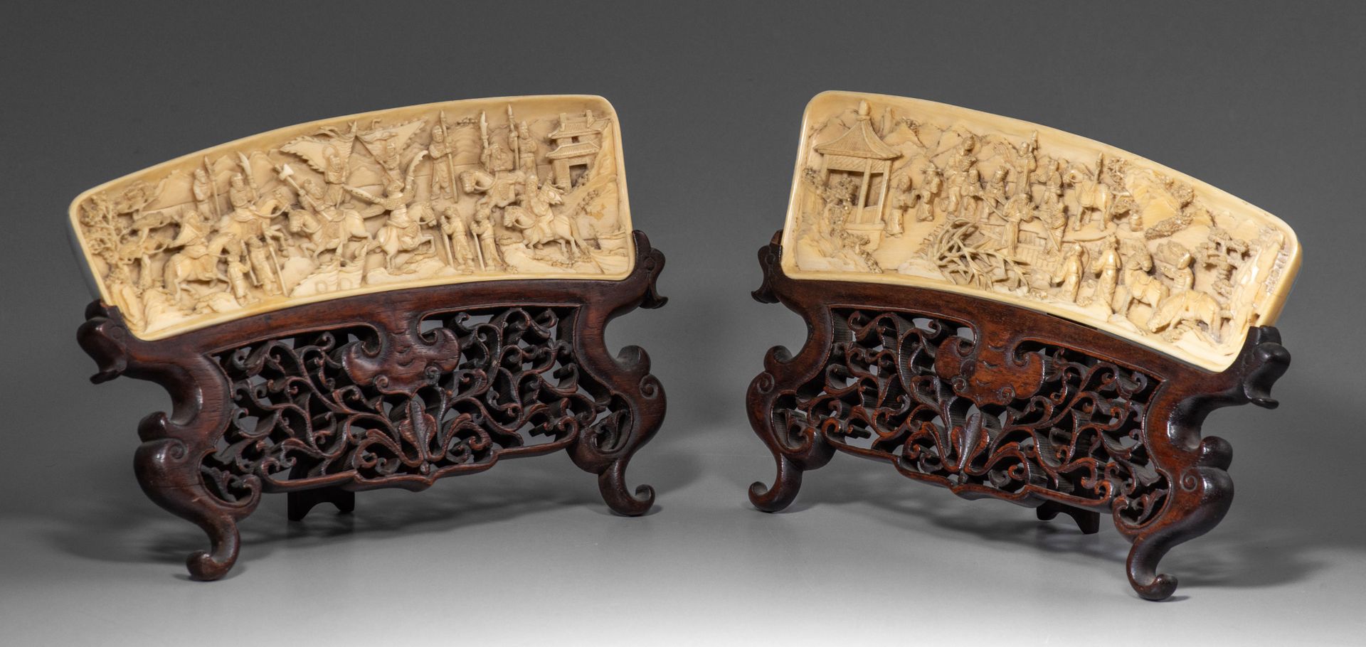 Two Chinese ivory carved plaques with matching scenes, one high-relief carved wi&hellip;