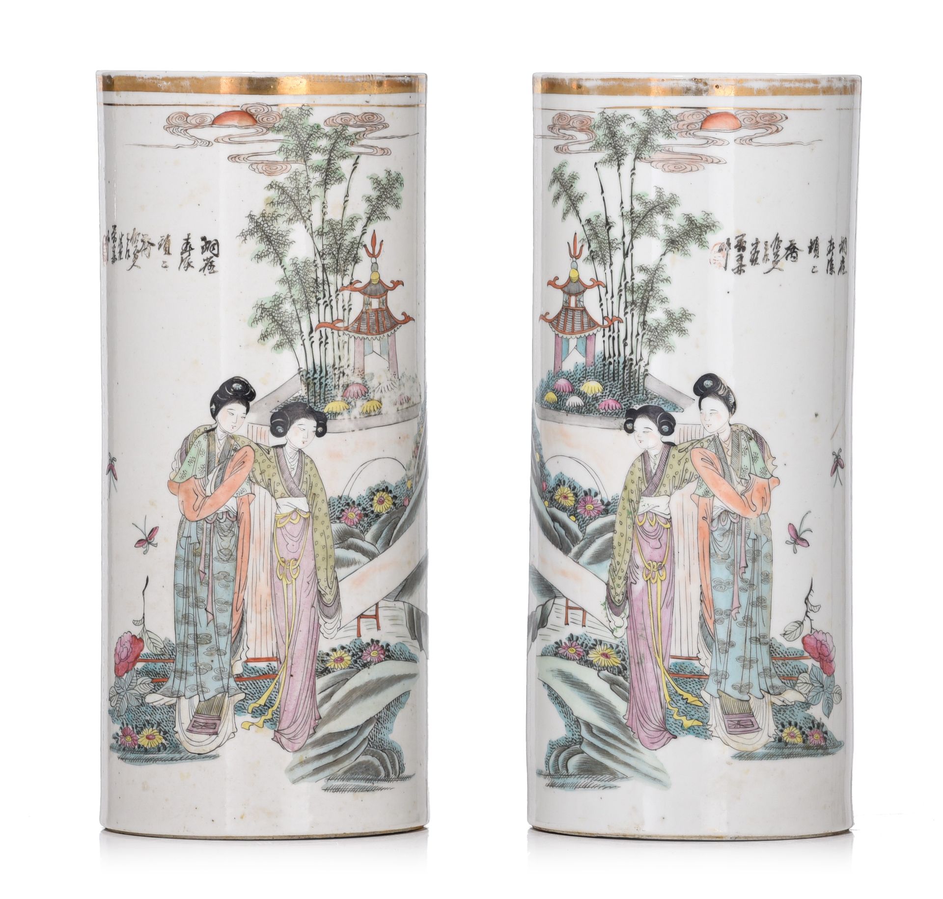 A pair of Chinese famille rose cylindrical vases, with signed texts, Republic pe&hellip;