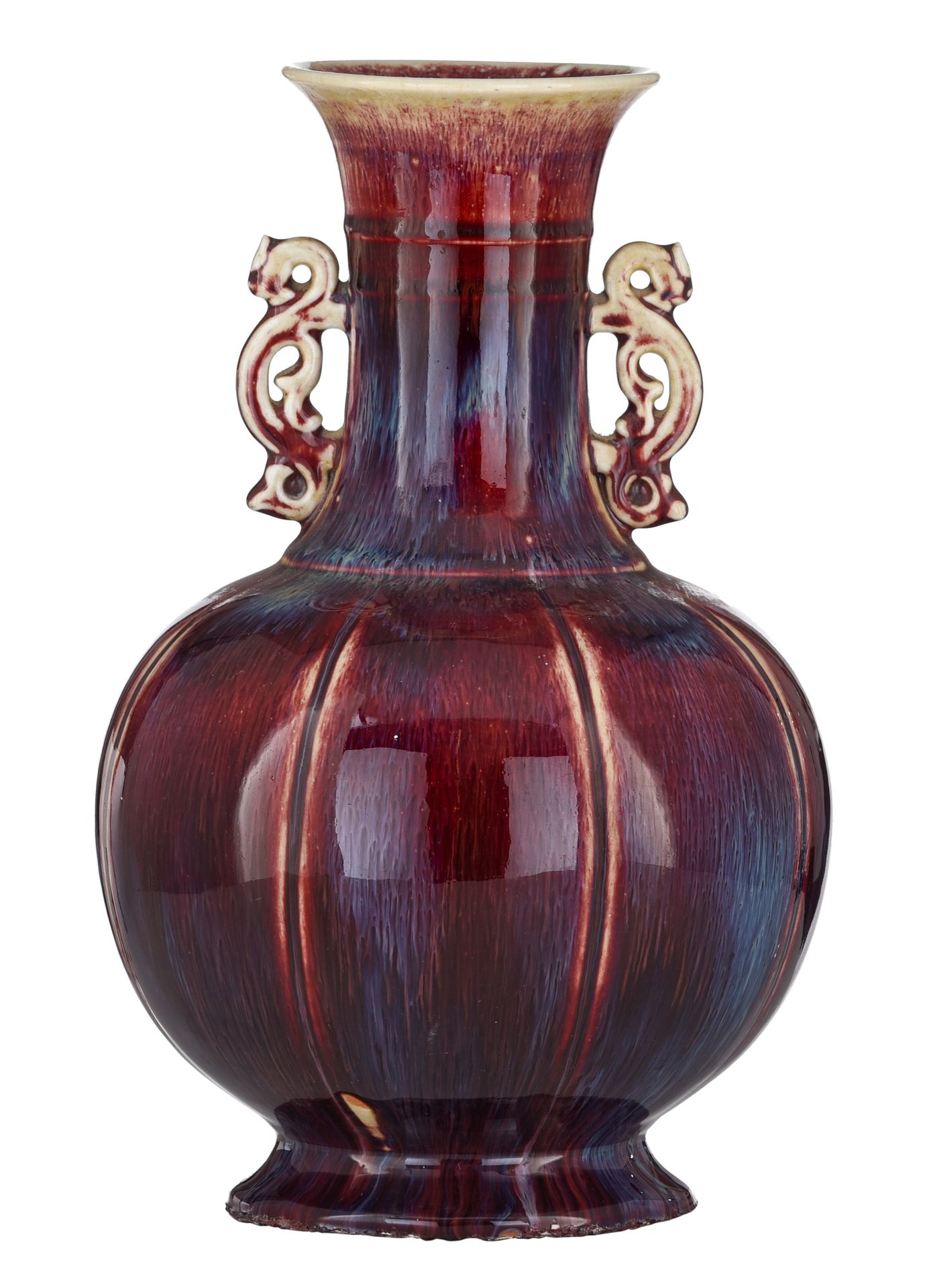 A Chinese flambe-glazed bottle vase, paired with archaistic dragon handles, H 35&hellip;