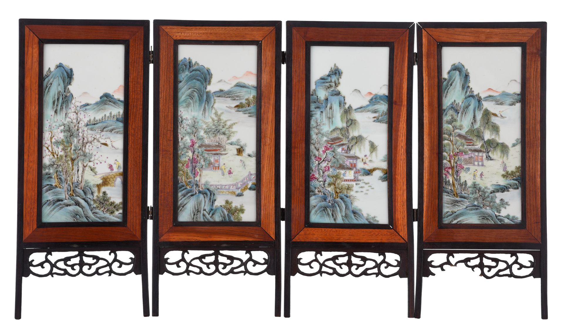 A Chinese miniature four-piece chamber screen with famille rose porcelain plaque&hellip;