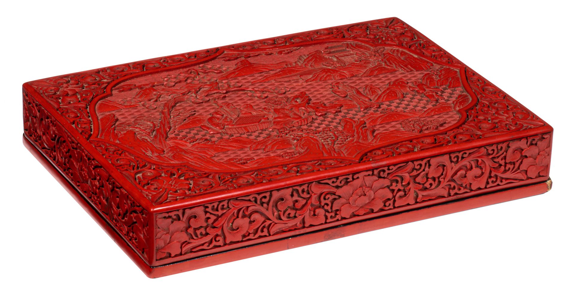 A Chinese carved cinnabar red lacquer box and cover, late Qing, 38 x 27,5 cm Sca&hellip;