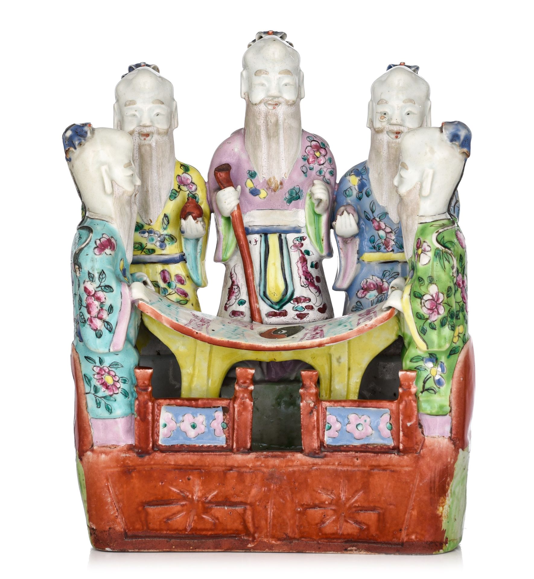 A Chinese famille rose porcelain group depicting five standing sages, Jiaqing pe&hellip;