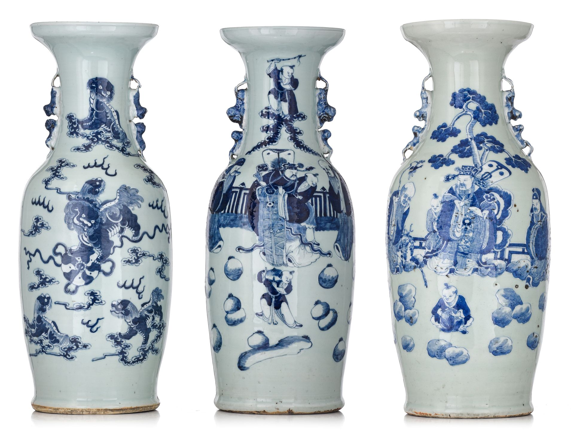 Three Chinese blue and white on celadon vases, 19thC, H 58 cm Trois vases chinoi&hellip;