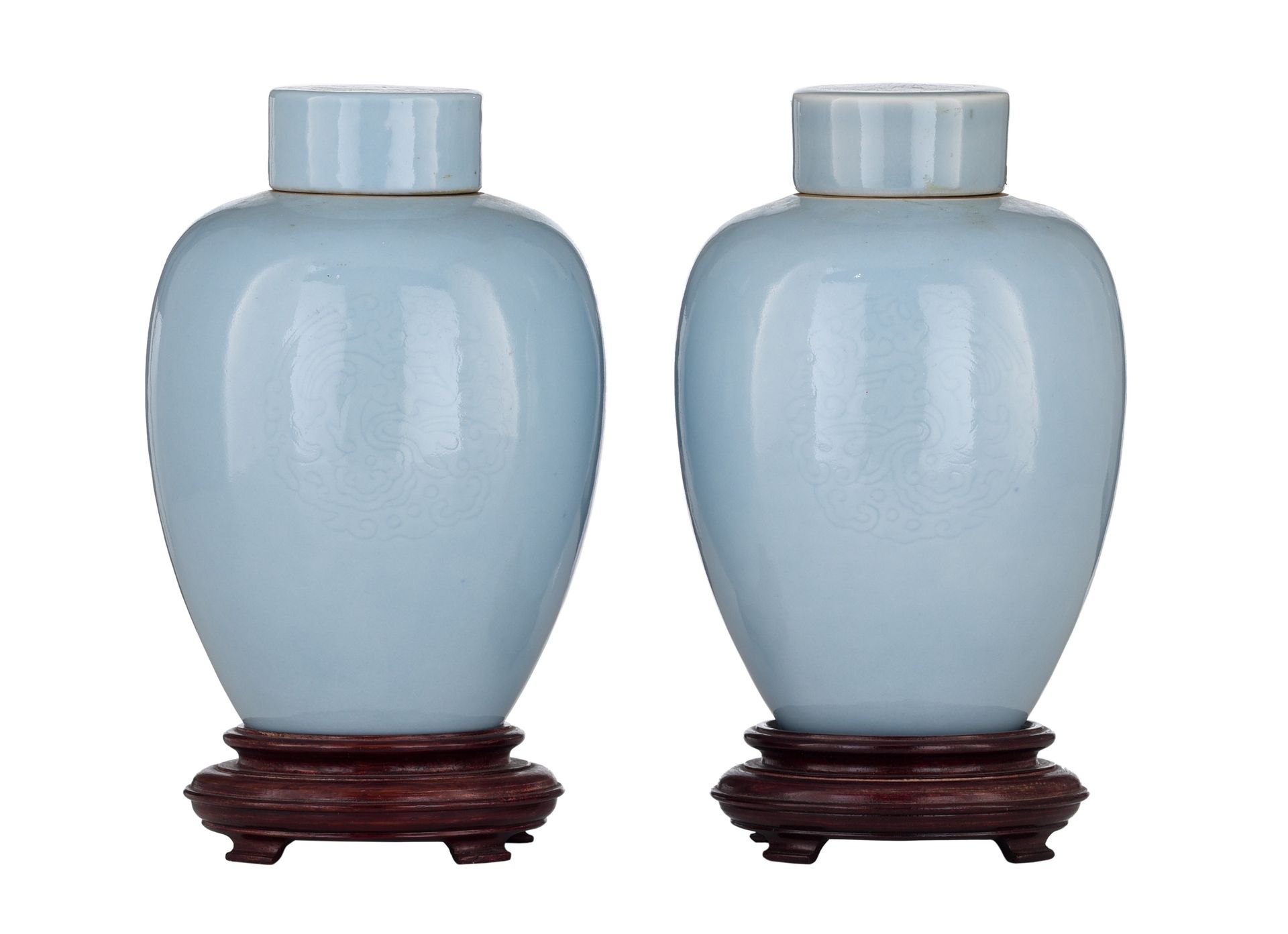 A series of two Chinese incised claire-de-lune glazed tea caddies and lids, with&hellip;