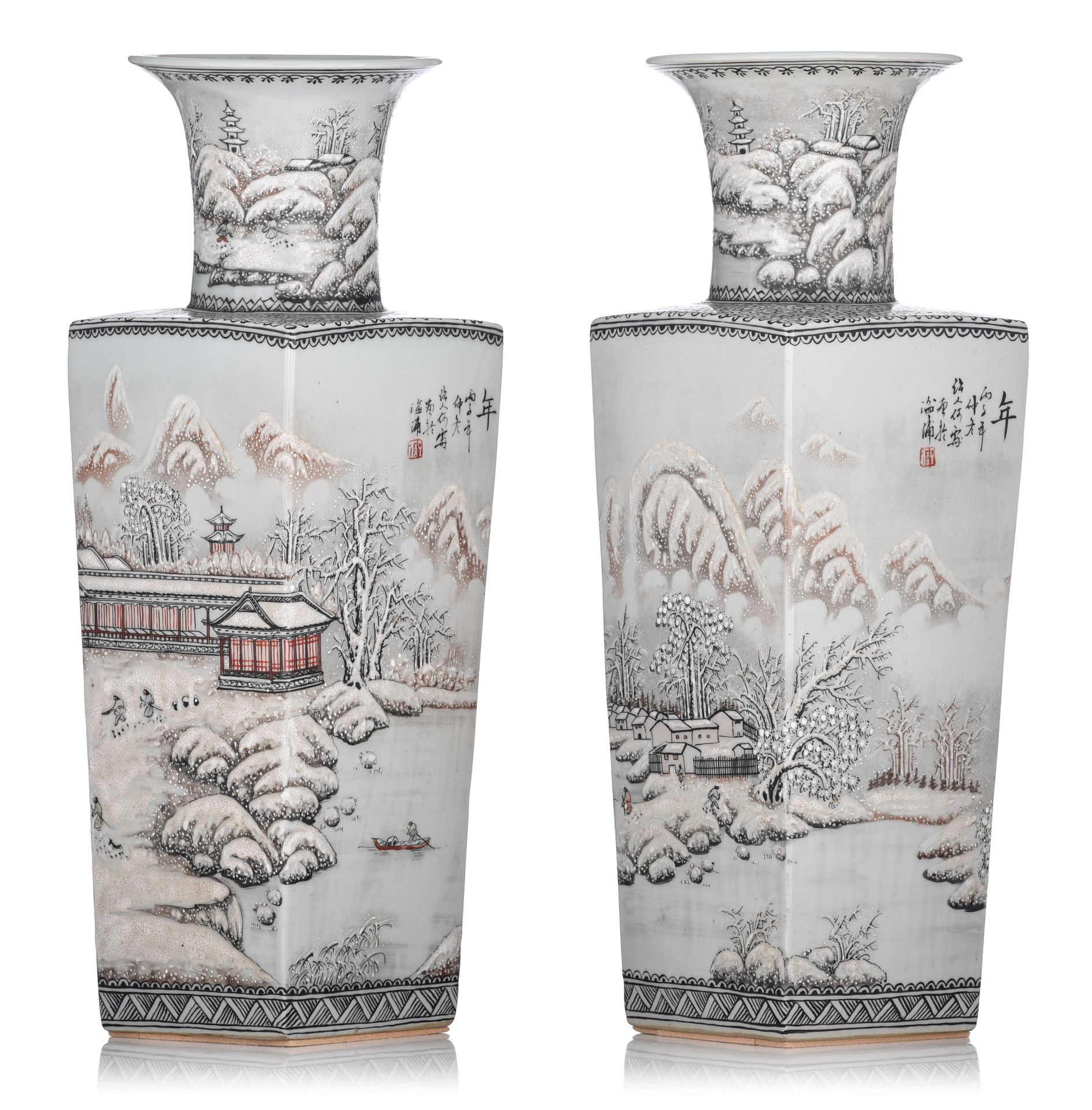 Two Chinese famille rose and grisaille vases, with signed texts and seal mark re&hellip;
