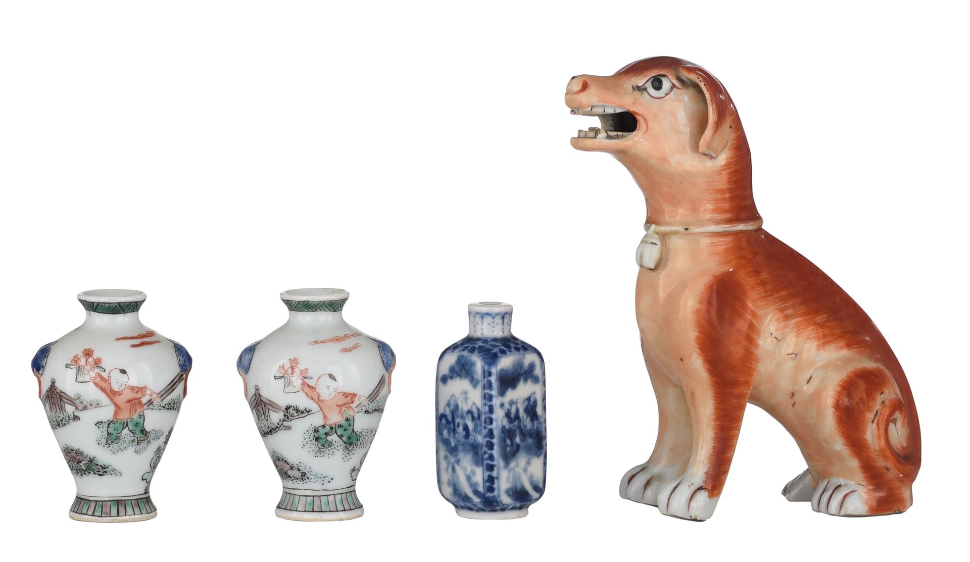 A Chinese iron-red model of a hound, two miniature vases, and a blue and white s&hellip;