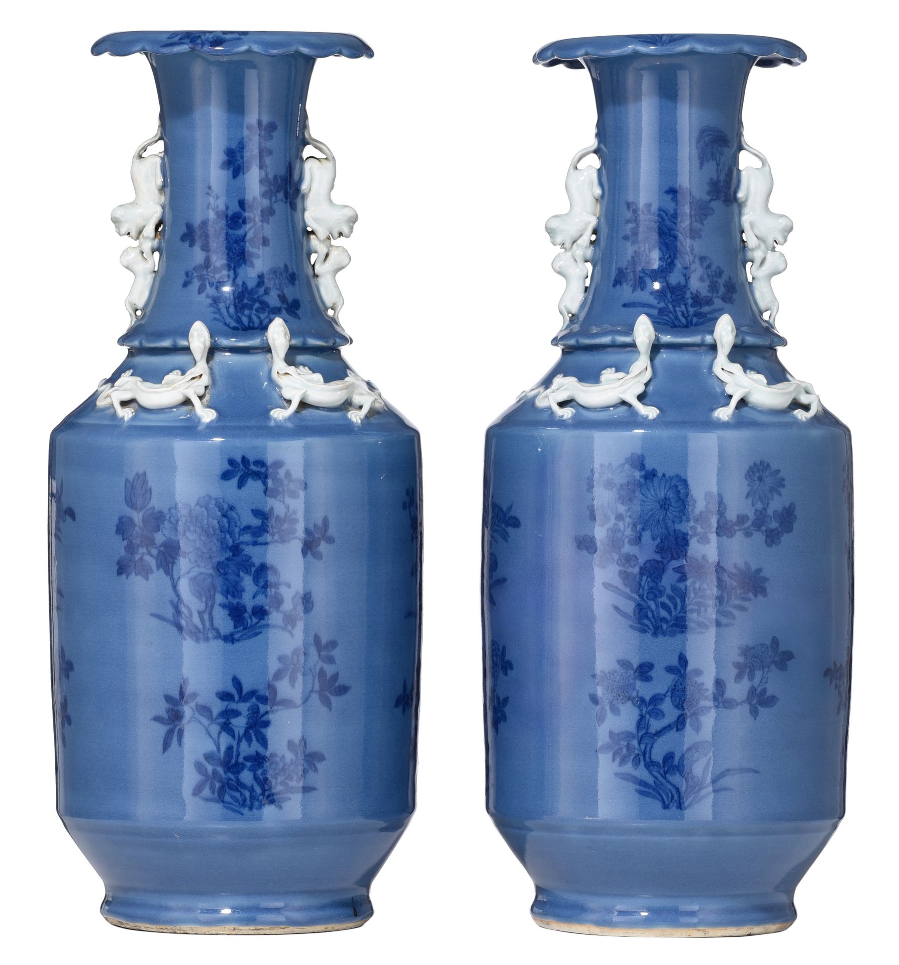 A fine pair of Chinese underglaze blue on blue ground vases, paired with handles&hellip;