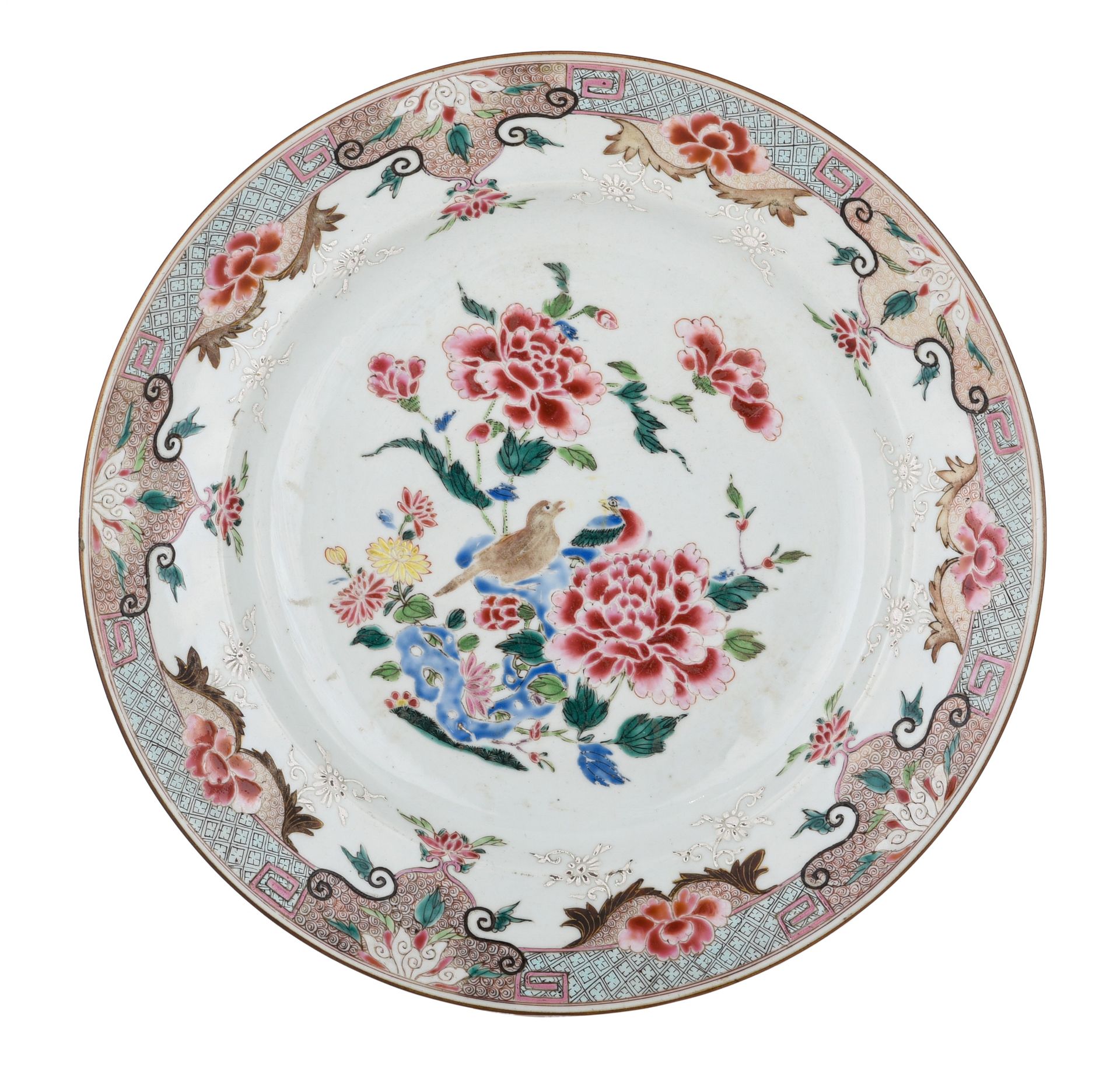 A Chinese famille rose 'Ducks' plate, 18thC, dia. 32 cm 中国粉彩 "鸭子 "盘，18世纪，直径32厘米。&hellip;
