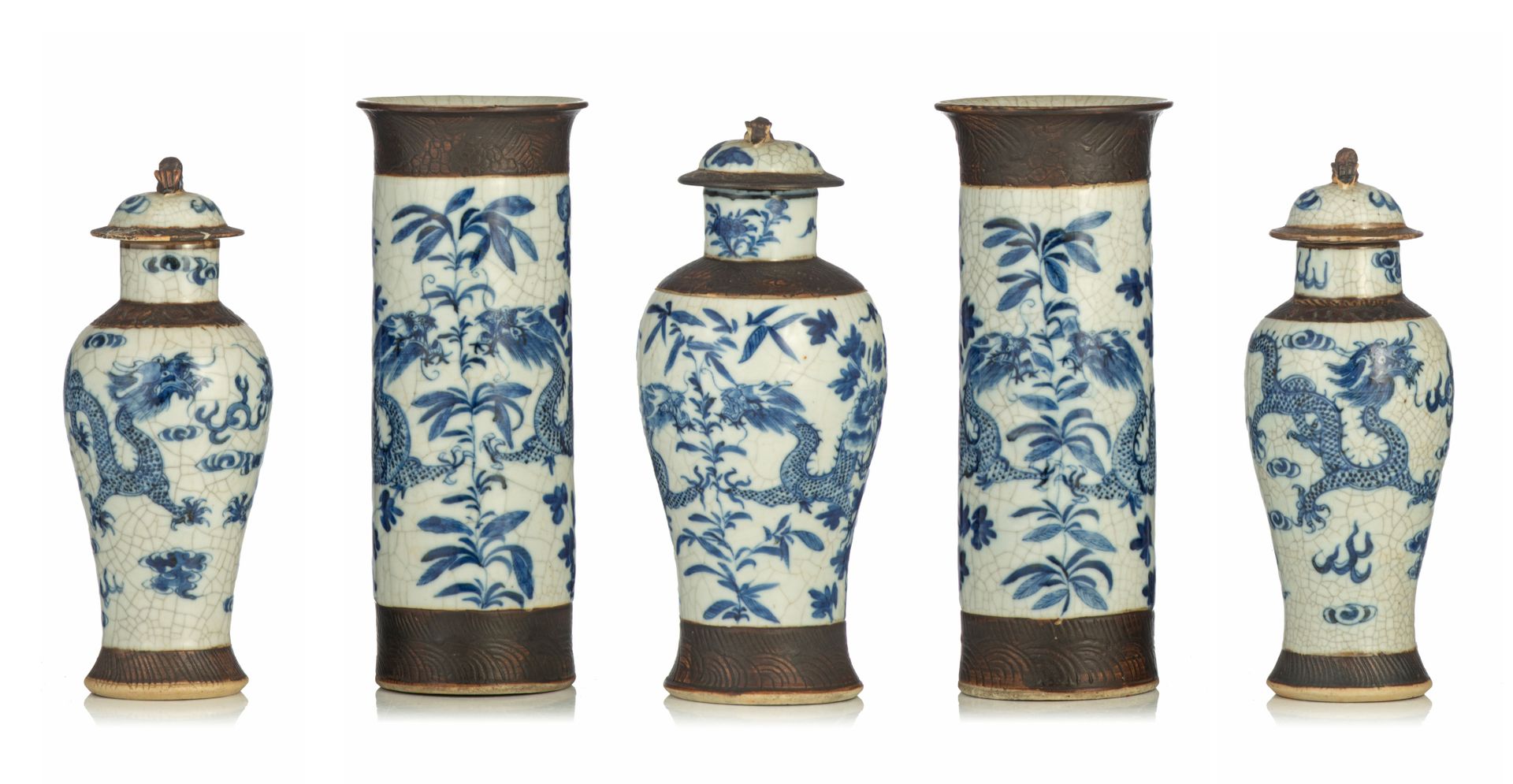 A Chinese Nanking blue and white on crackle-glazed assembled five-piece garnitur&hellip;