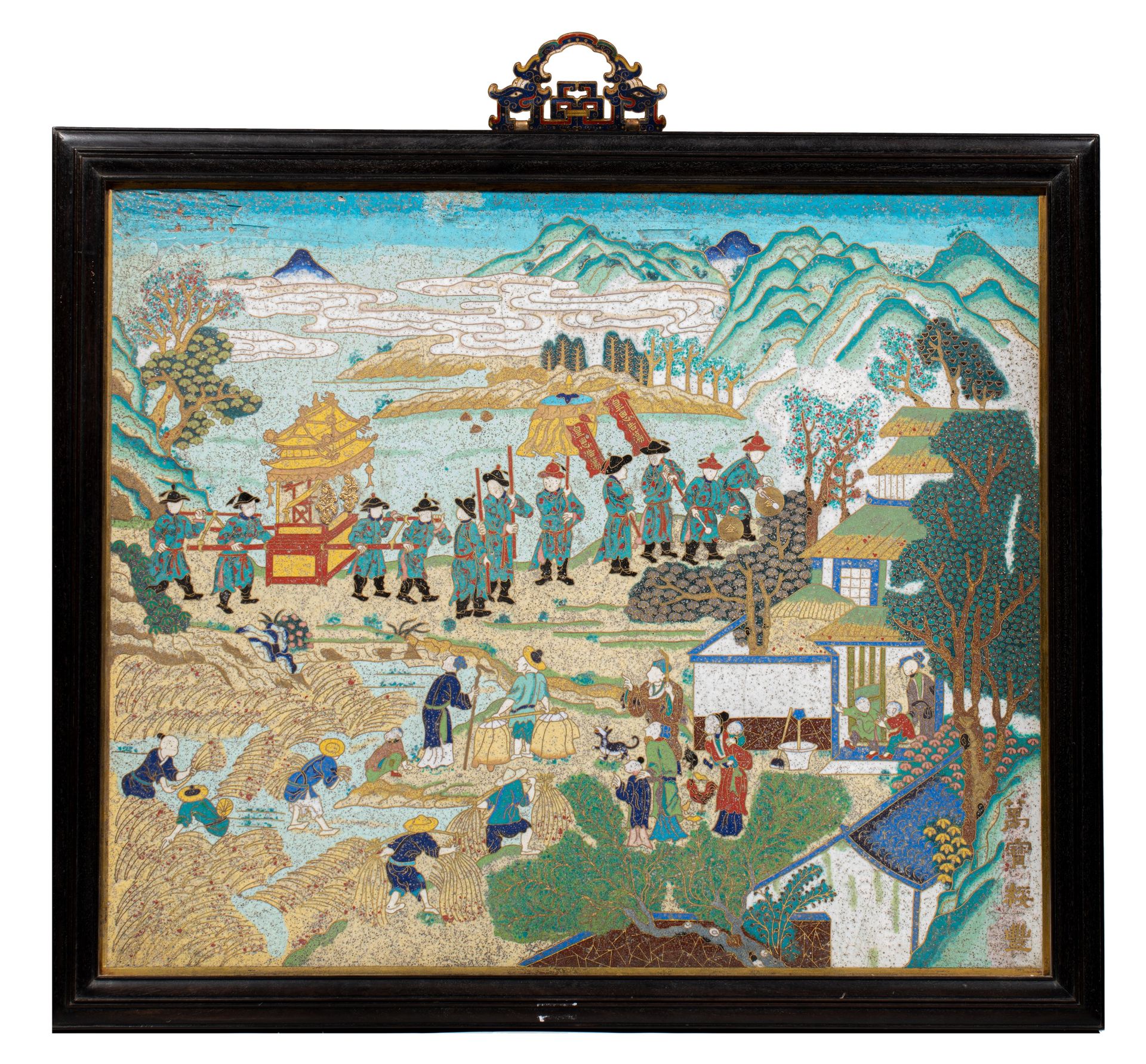 A fine Chinese cloisonne enamelled 'Cortege Scene' plaque, fitted in a frame, Ji&hellip;
