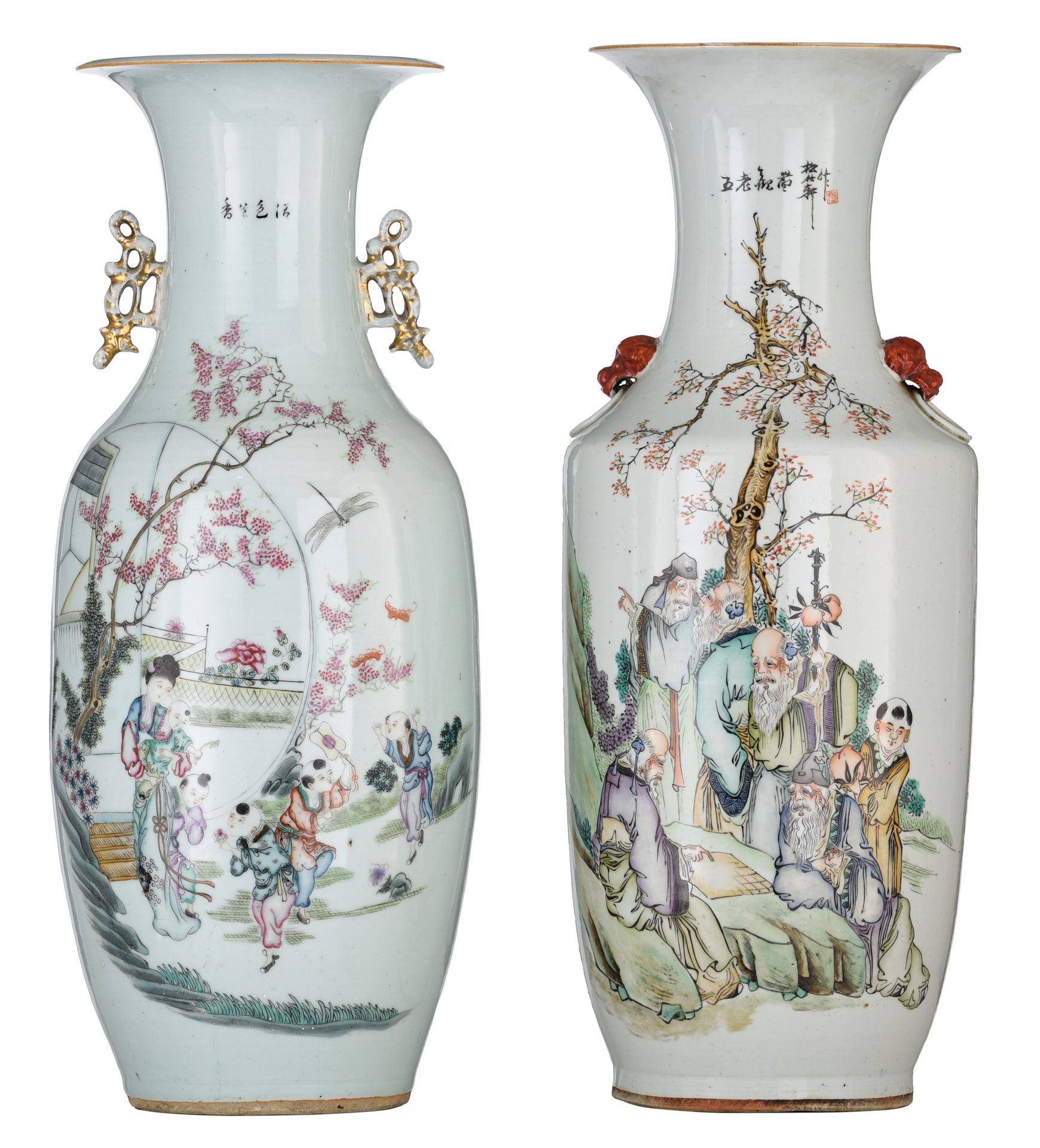Two Chinese famille rose vases, with signed texts, Republic period, H 58,5 cm Do&hellip;