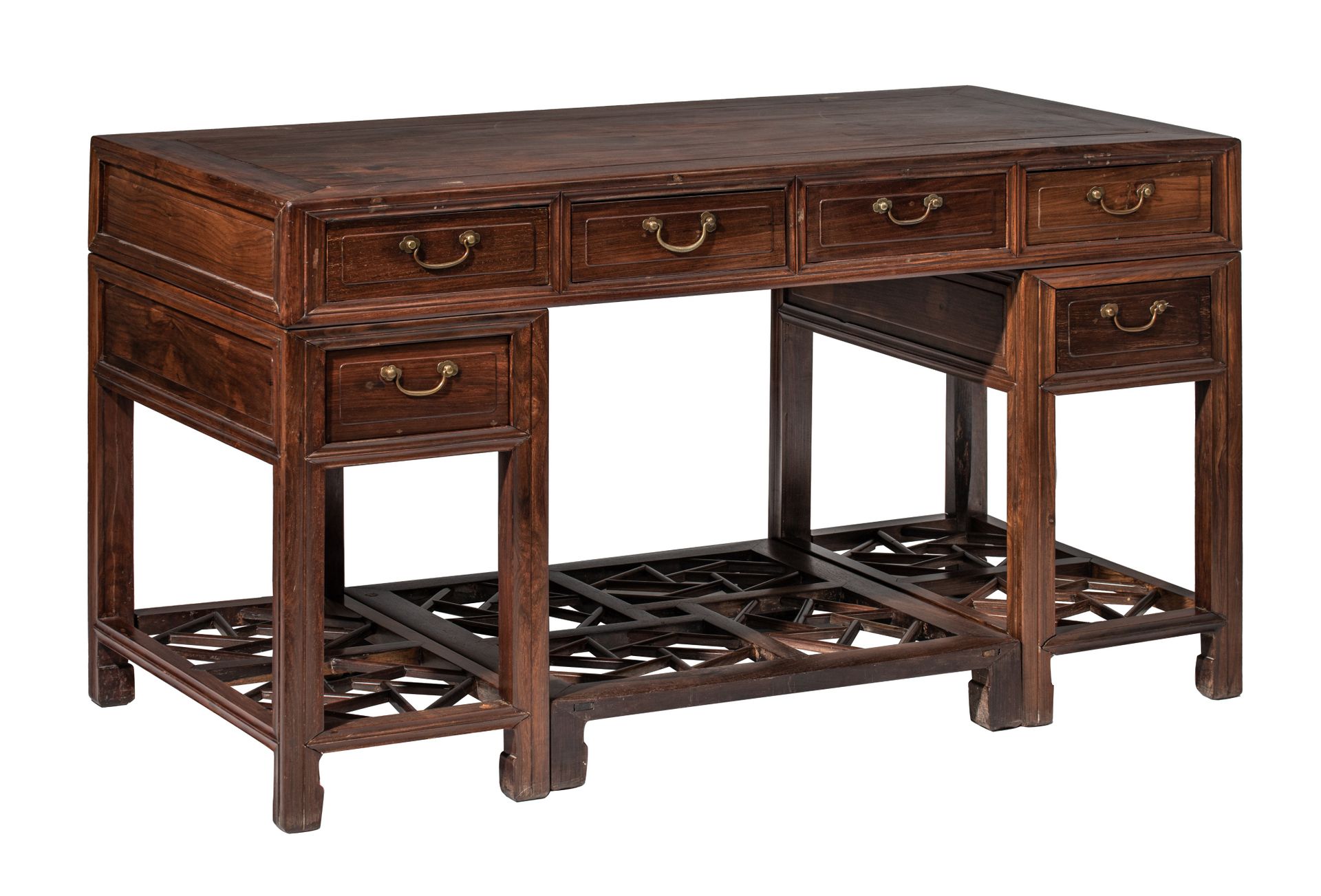 A Chinese hardwood desk, 20thC, H 83 - 144 x 72 cm Bureau chinois en bois dur, 2&hellip;