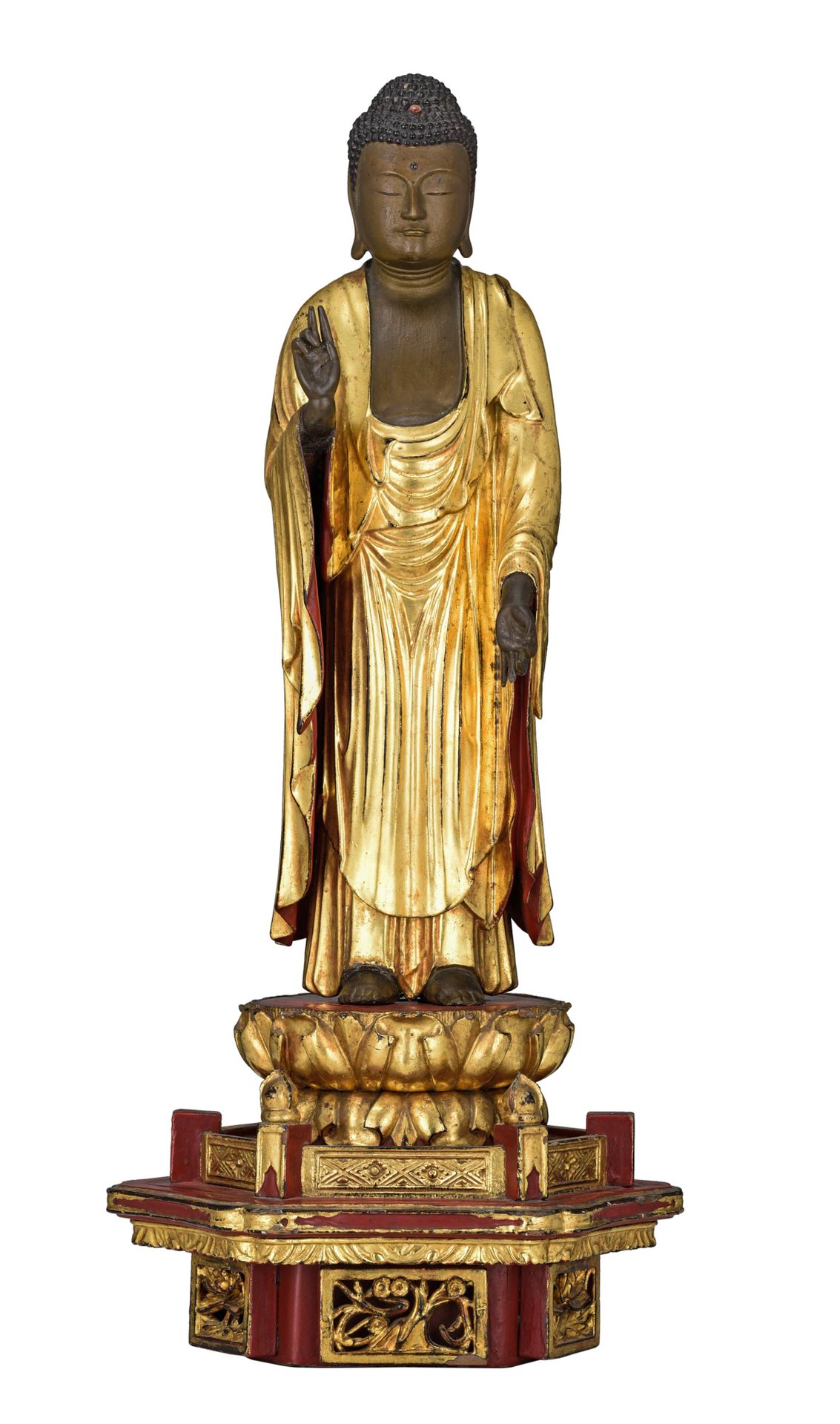 A Japanese gilt and red lacquered standing figure of Amitabha Buddha, on a lotus&hellip;
