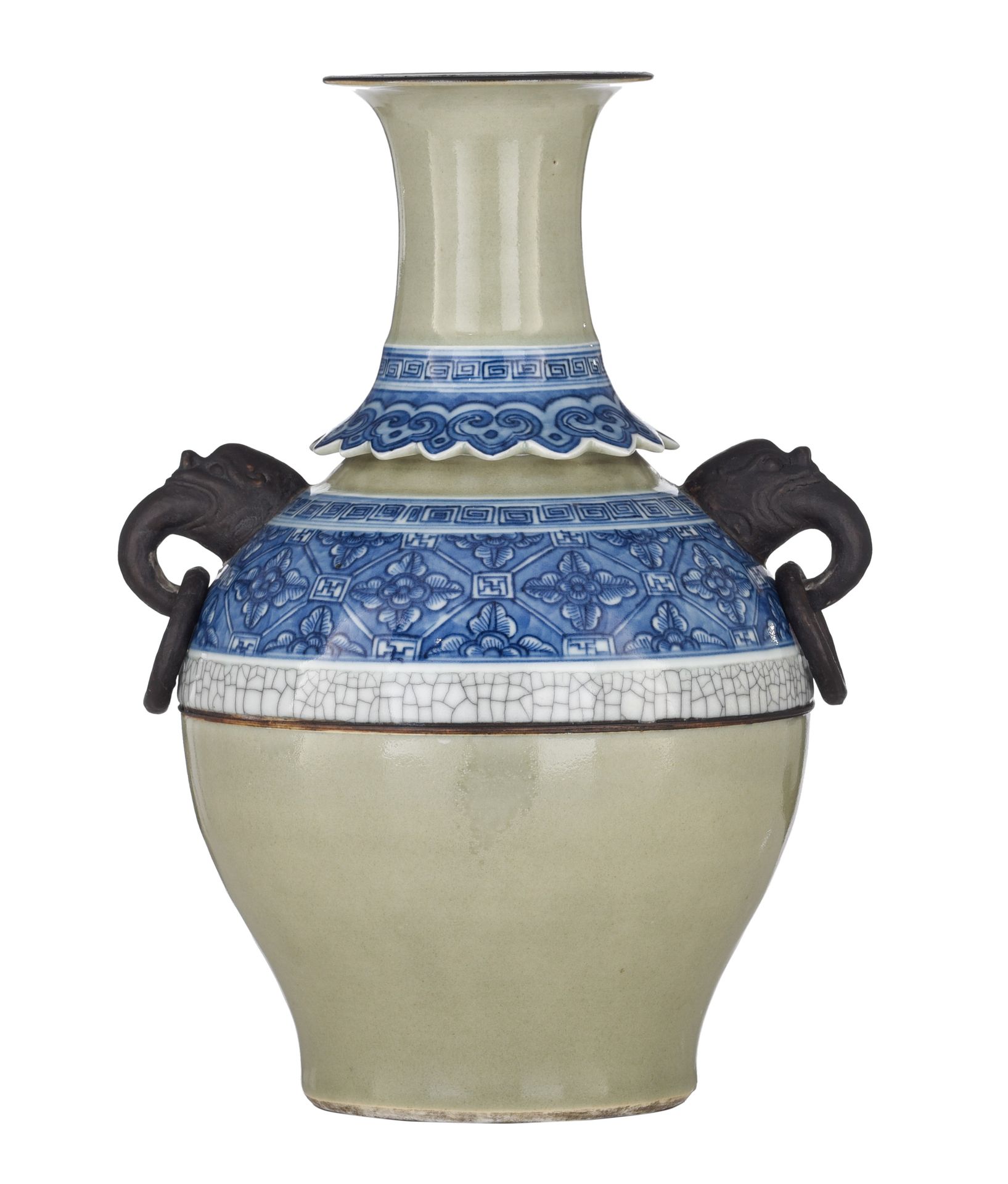 A Chinese underglaze blue and crackle-glazed celadon baluster vase, paired with &hellip;