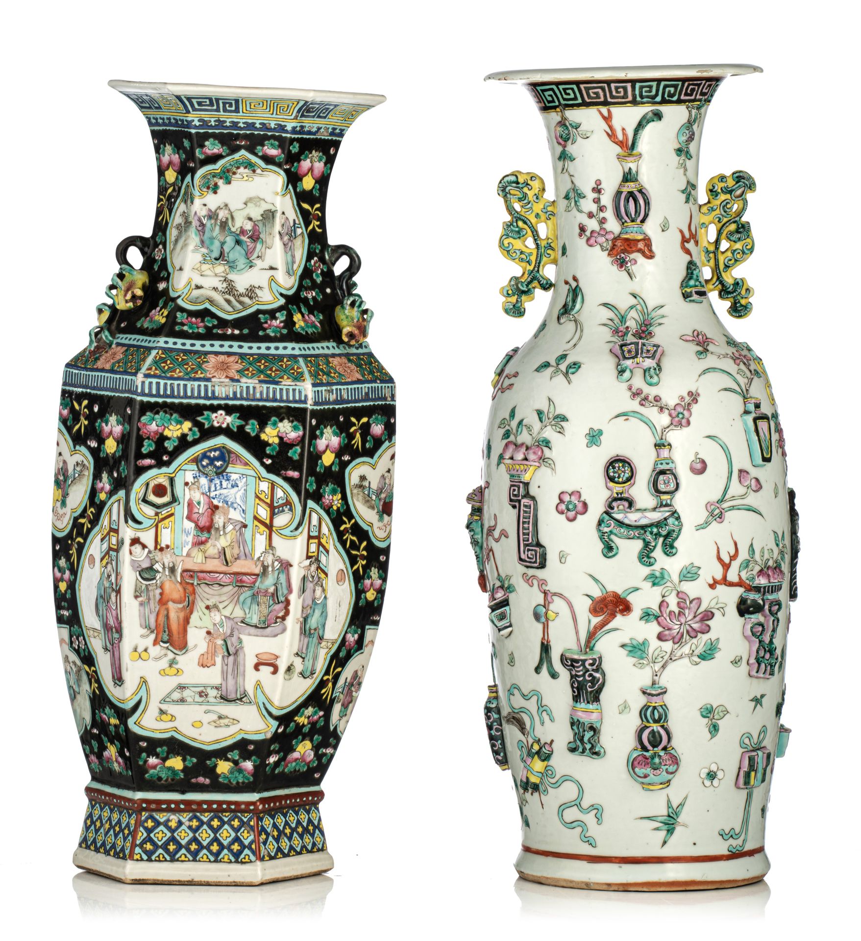 A Chinese famille noire-rose hexagonal vase, 19thC, H 59,5 cm - and a famille ro&hellip;