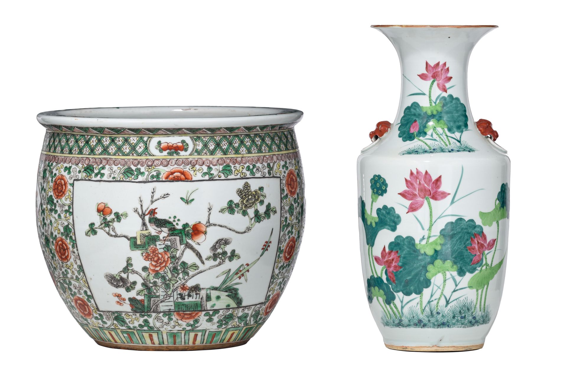 A Chinese famille verte jardiniere, 19thC, H 25 - and a famille rose vase, paire&hellip;