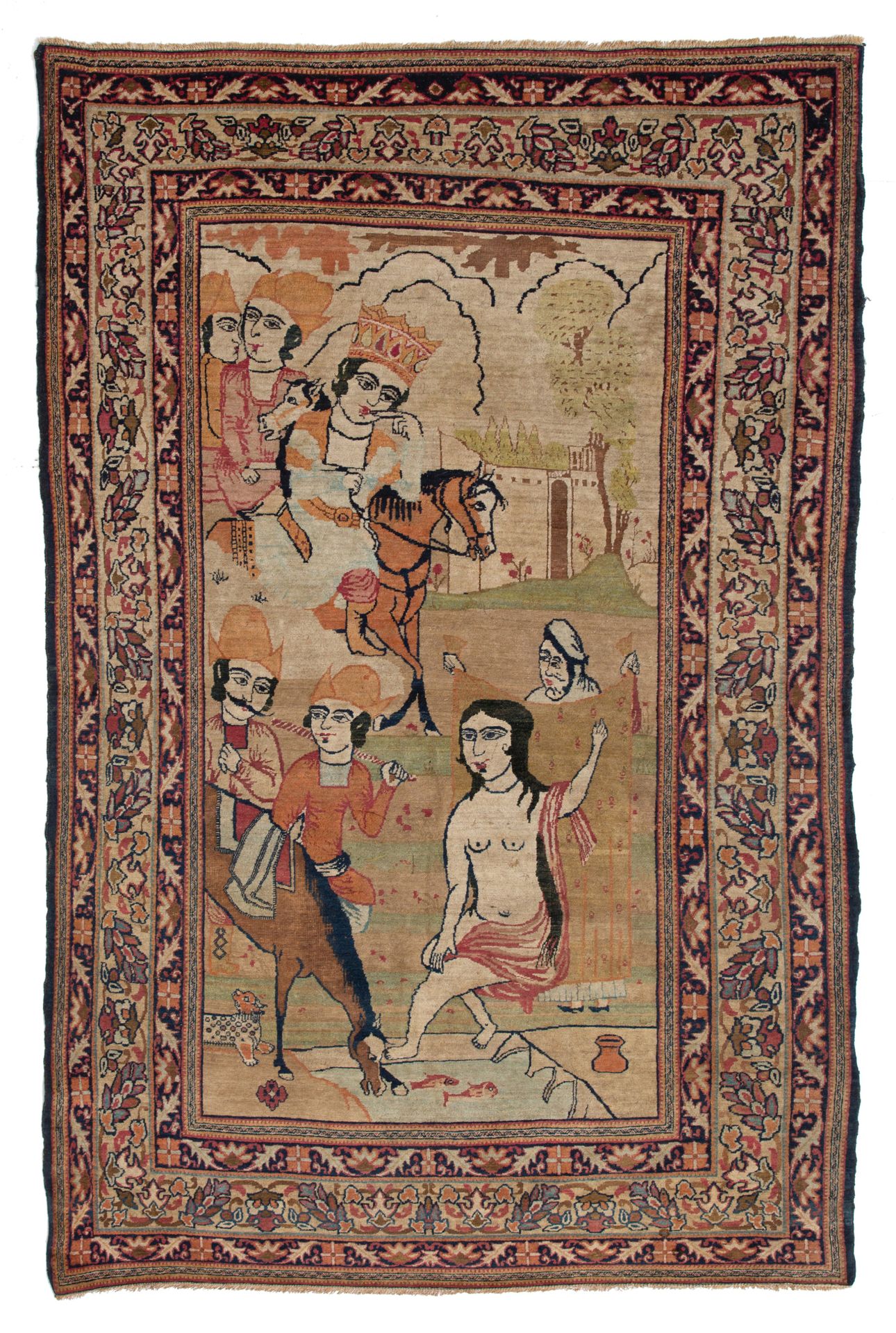 A pictorial Kirman rug, depicting a bathing scene, 19thC, 129 x 230 cm Tappeto K&hellip;