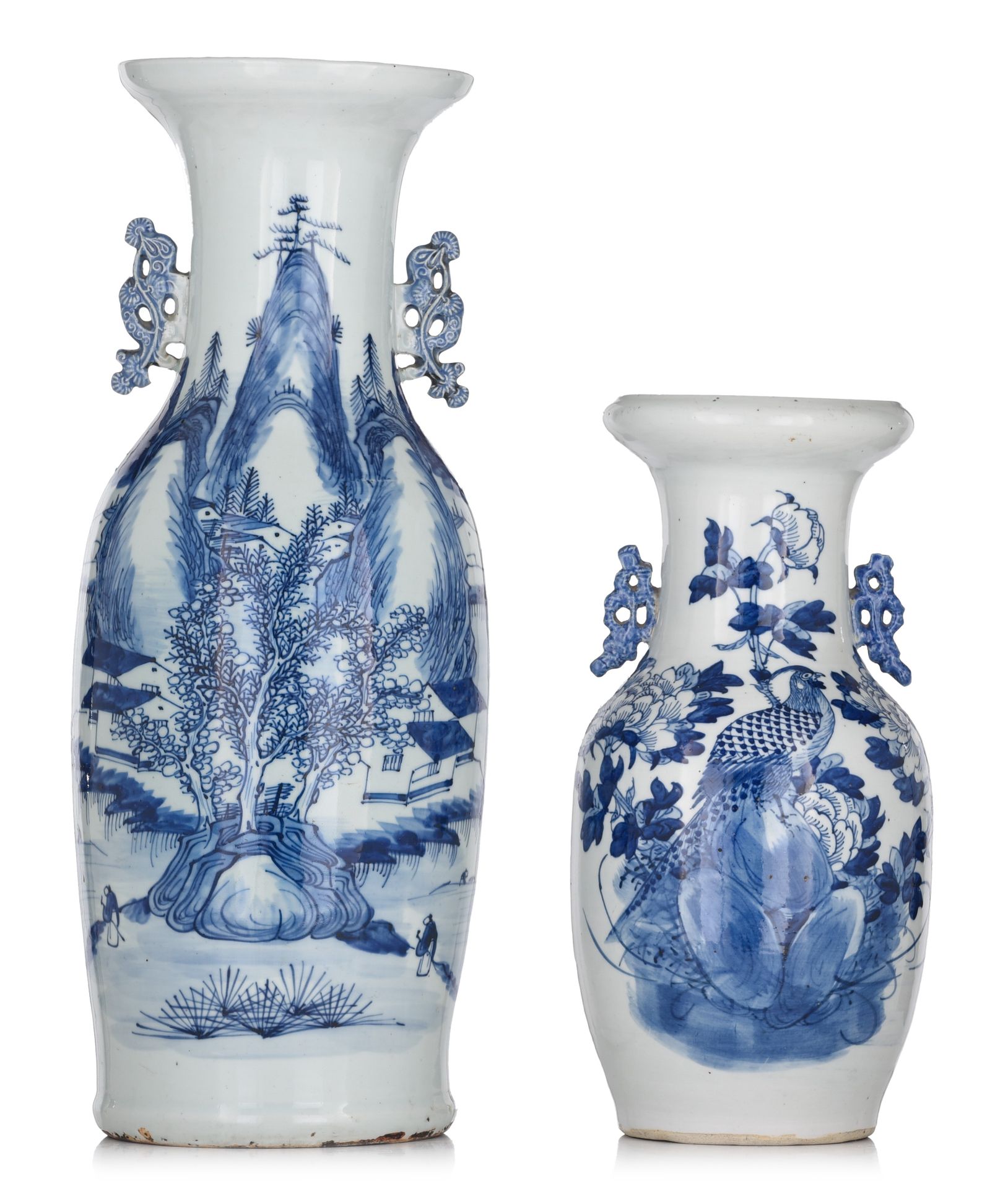Two Chinese blue and white vases, both paired with lingzhi handles, 19thC, H 42 &hellip;