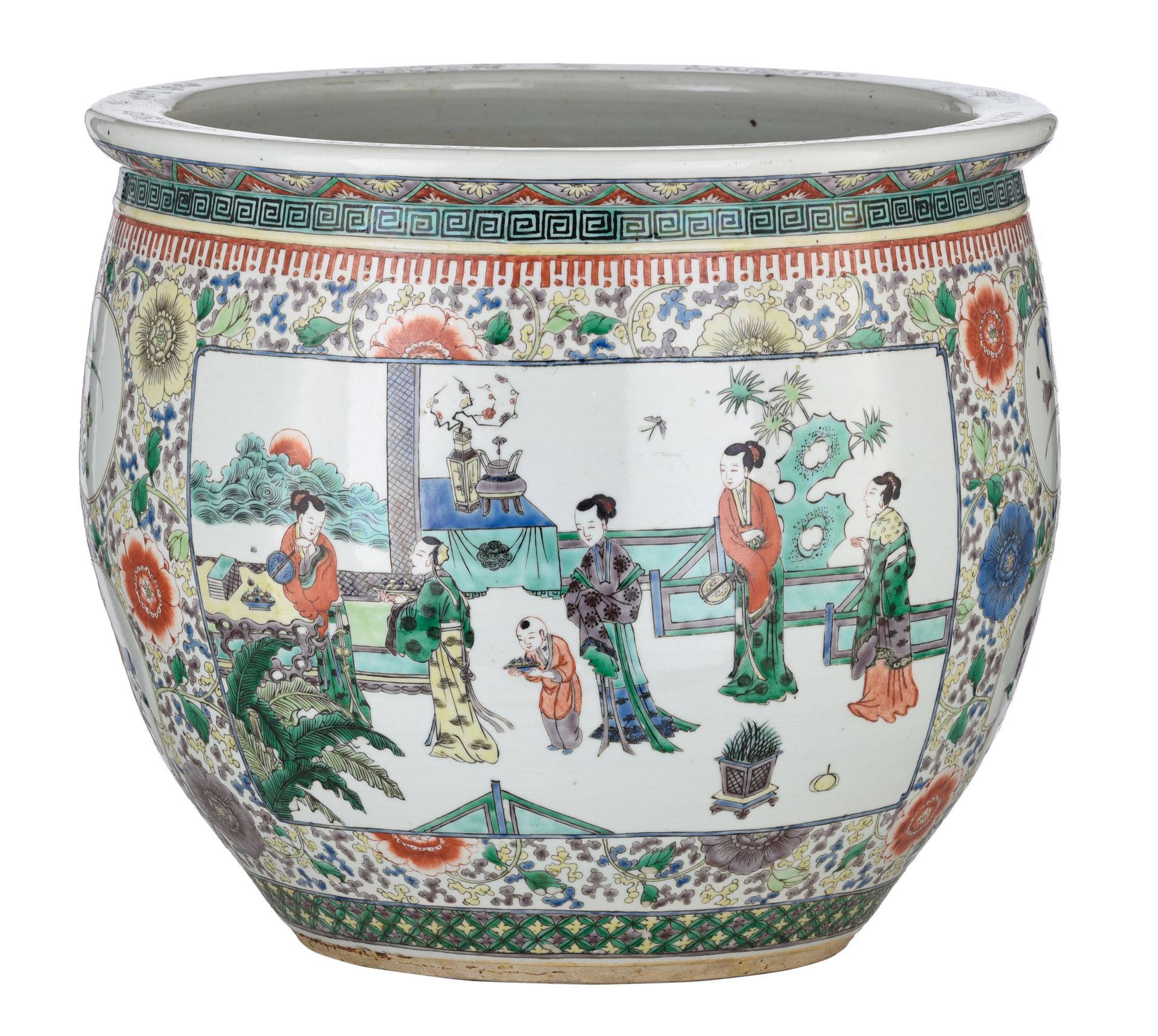 A Chinese famille verte 'Beauties in a scholar's chamber' jardiniere, 19thC, H 4&hellip;