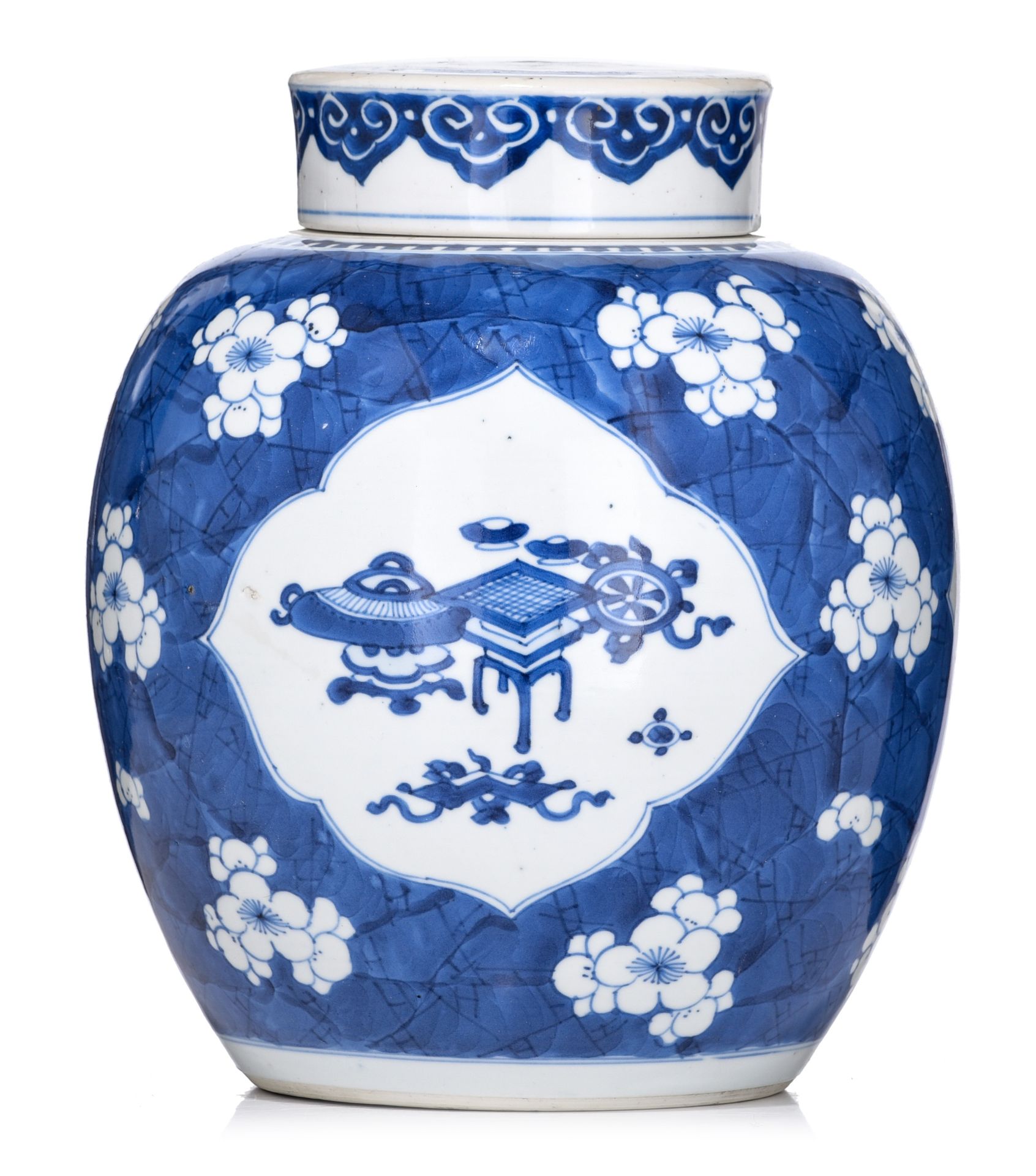 A Chinese blue and white 'Prunus on cracked ice' ginger jar and cover, Kangxi pe&hellip;