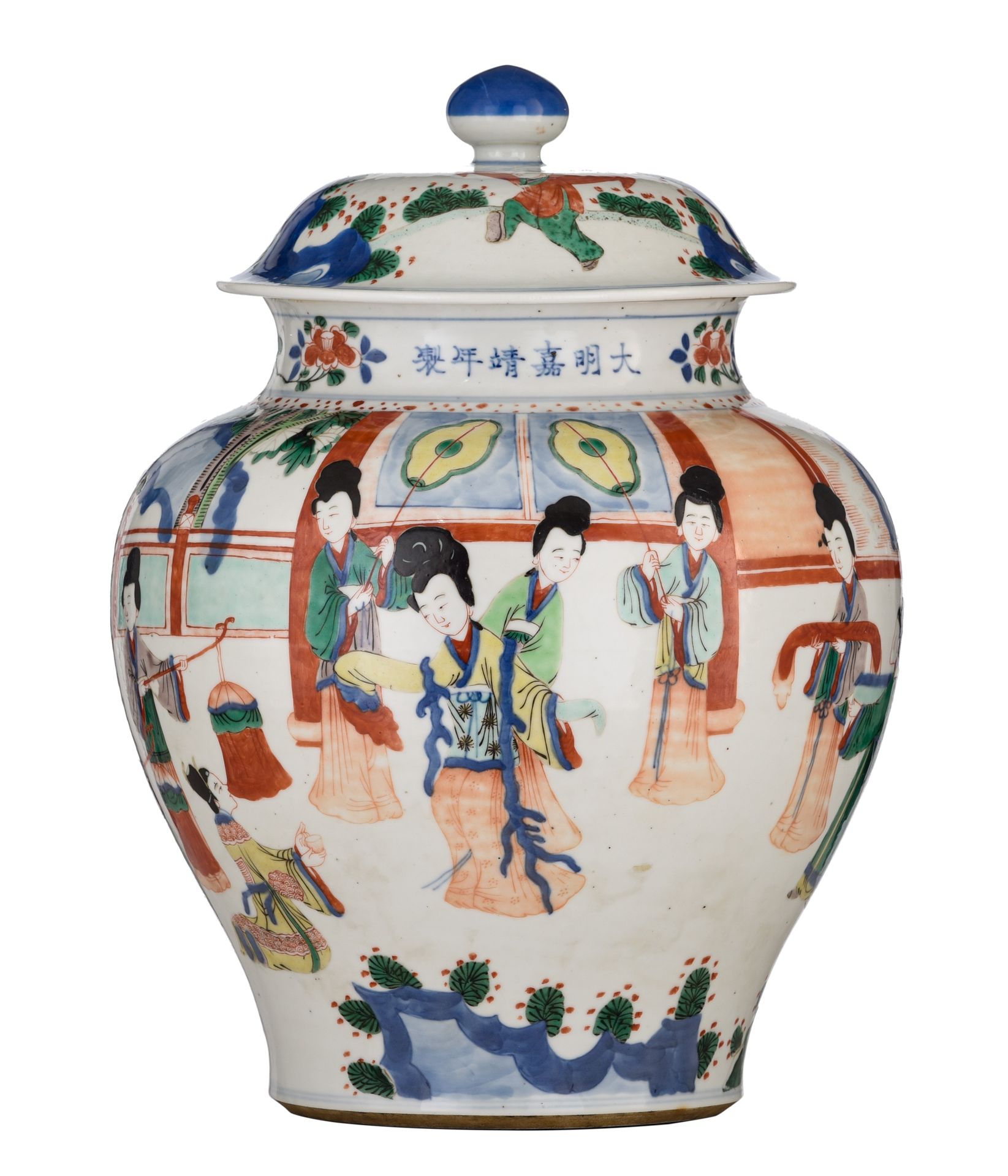 A Chinese wucai jar and cover, with a Jiaqing mark, 19thC/20thC, H 36 cm Chinesi&hellip;