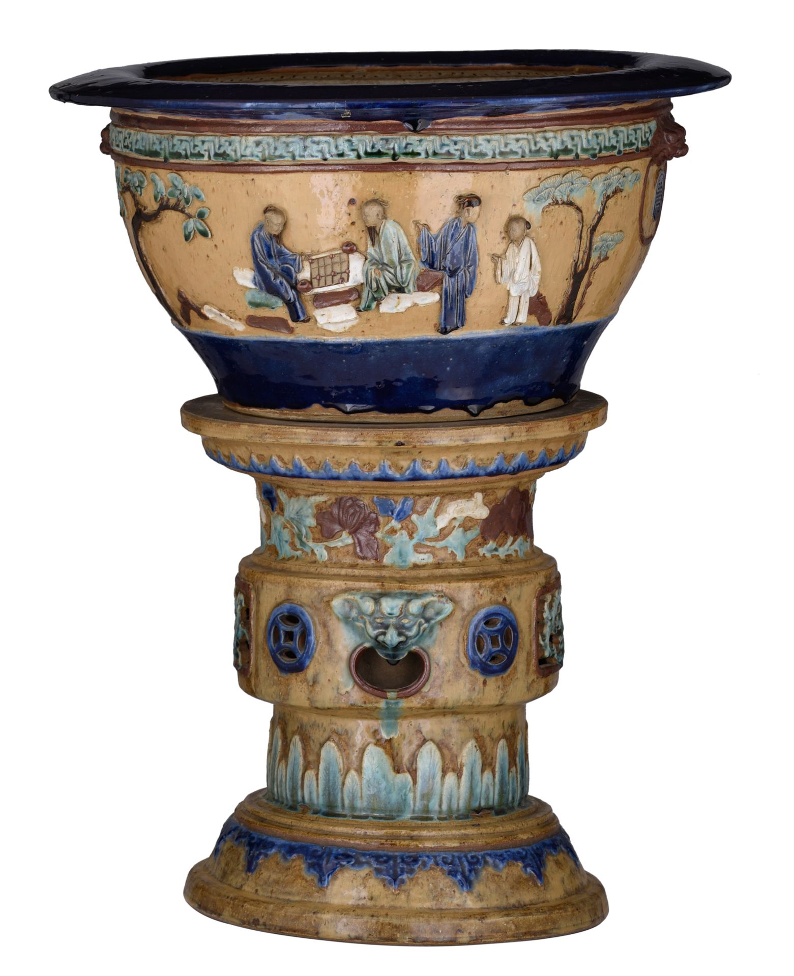 A Chinese Shiwan ware jardiniere on matching stand, 19thC/20thC, H 76 cm Jardini&hellip;
