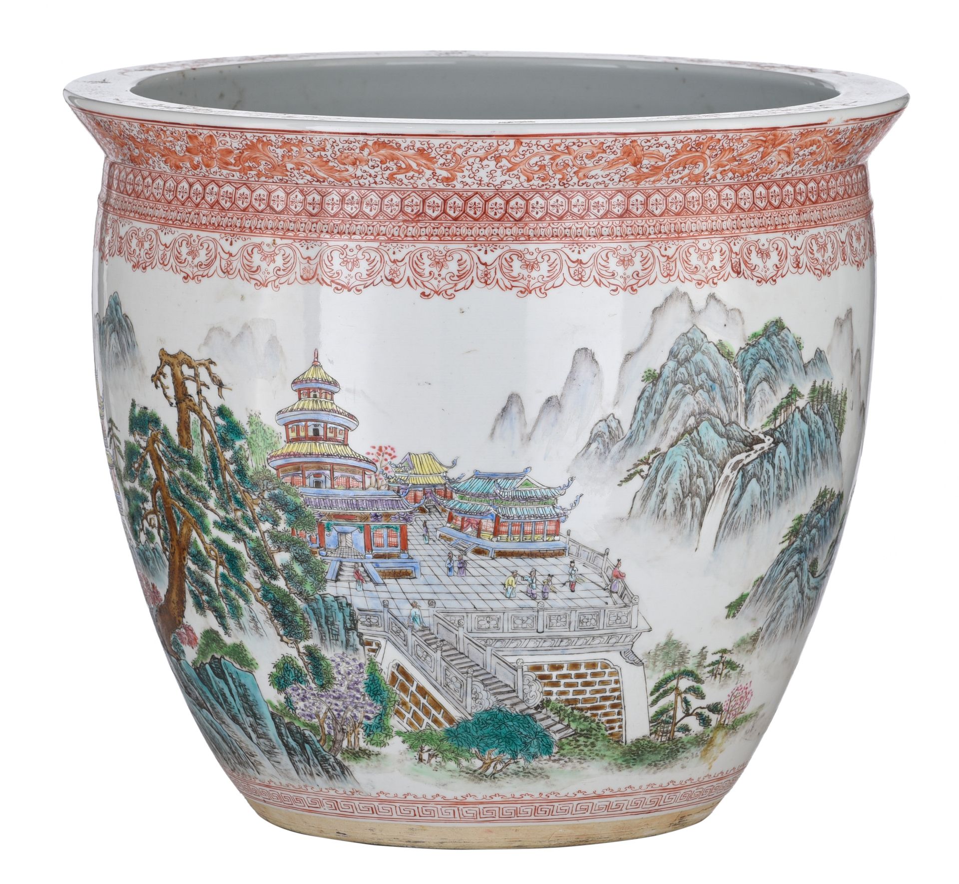 A Chinese famille rose 'Mountainous landscape' jardiniere, with a signed text, R&hellip;