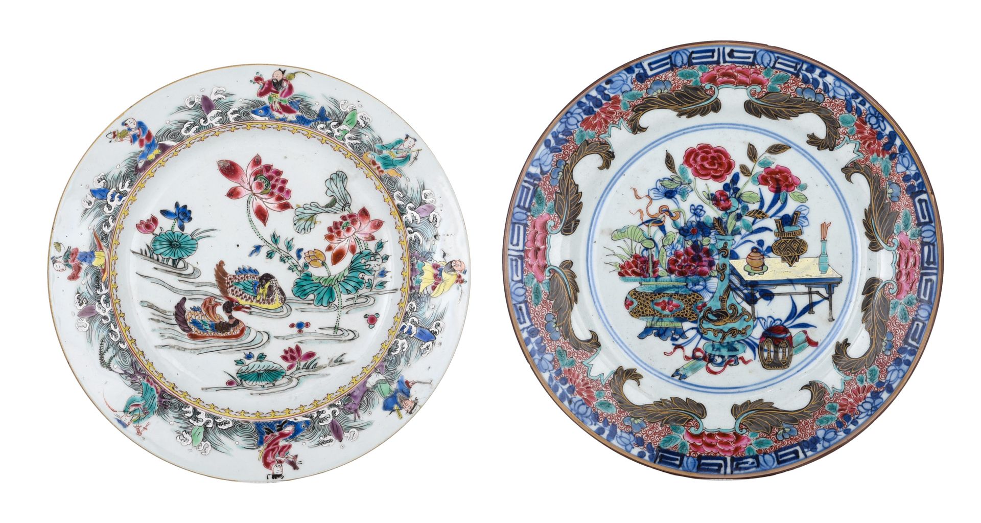 Two Chinese famille rose export porcelain dishes, 18thC, dia. 22,5 - 23,5 cm 两个中&hellip;