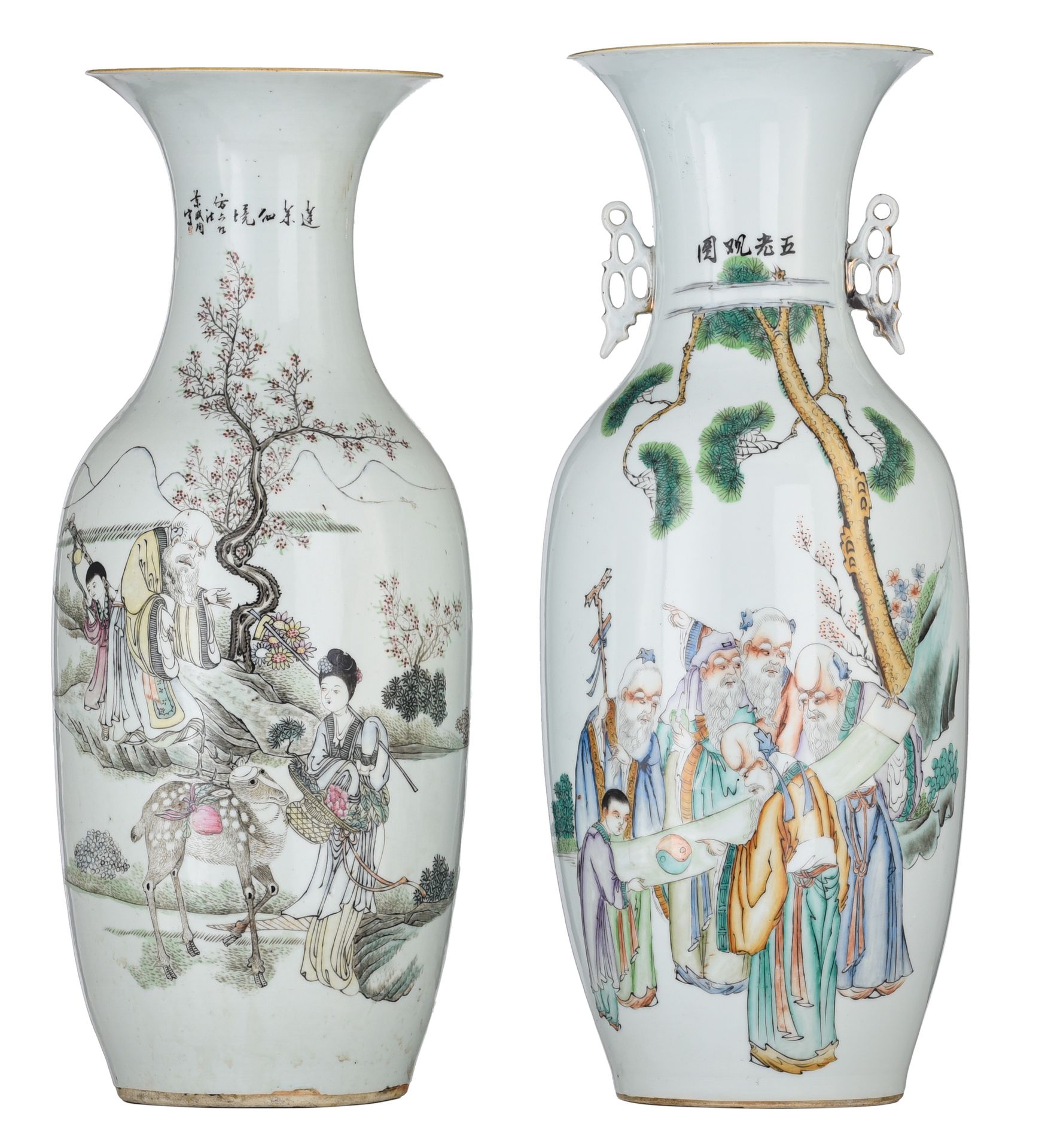 A Chinese Qianjiangcai and a famille rose vase, Republic period, H 57,5 cm Un ja&hellip;