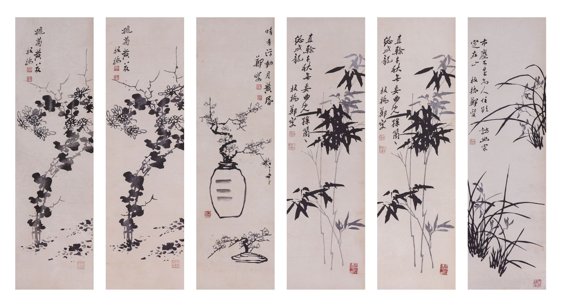 A series of four Chinese scroll paintings, ink on paper, 20thC, 105 x 32 cm - ad&hellip;