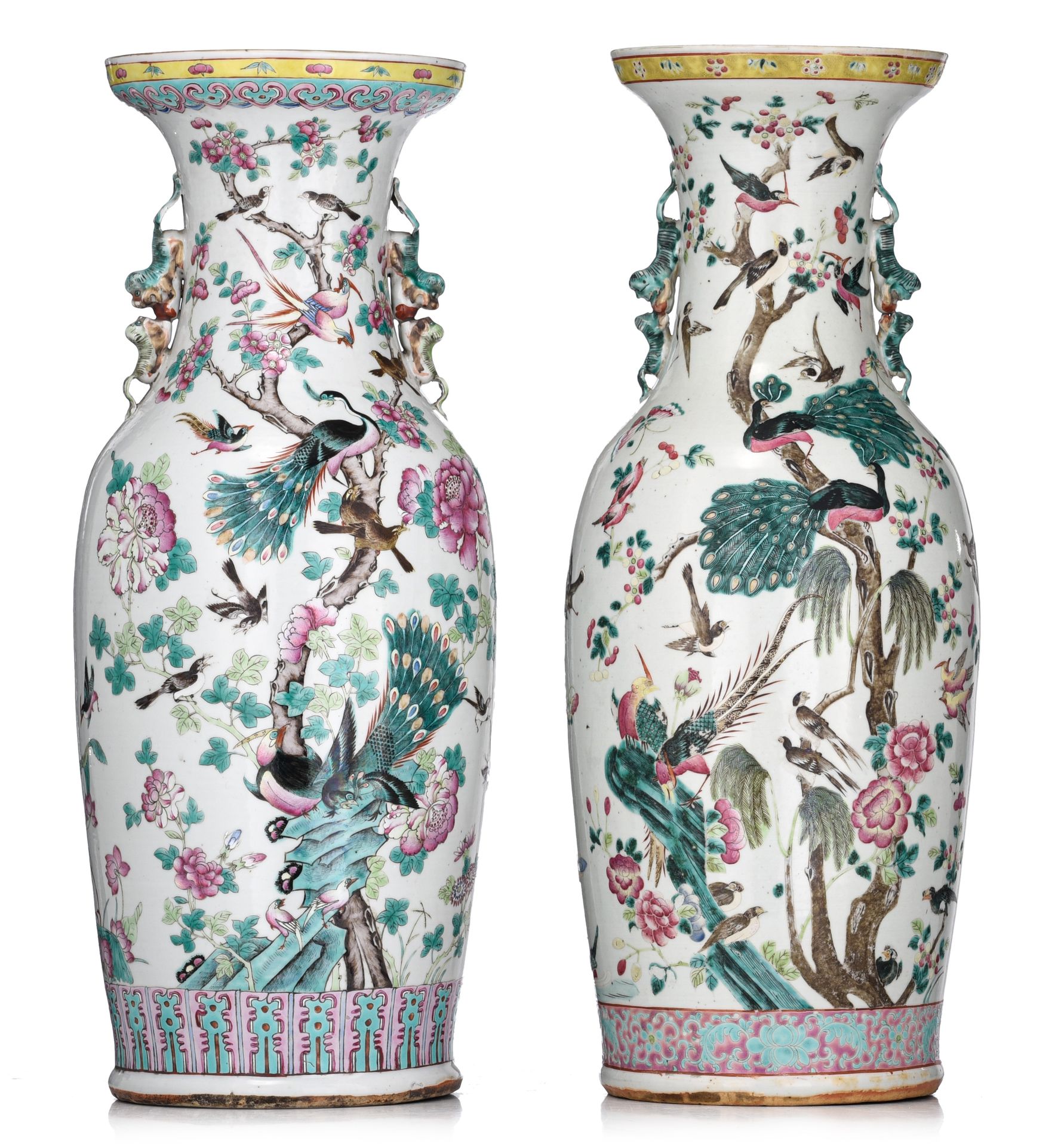 A similar pair of Chinese famille rose 'One Hundred Birds' vases, 19thC, H 62 cm&hellip;