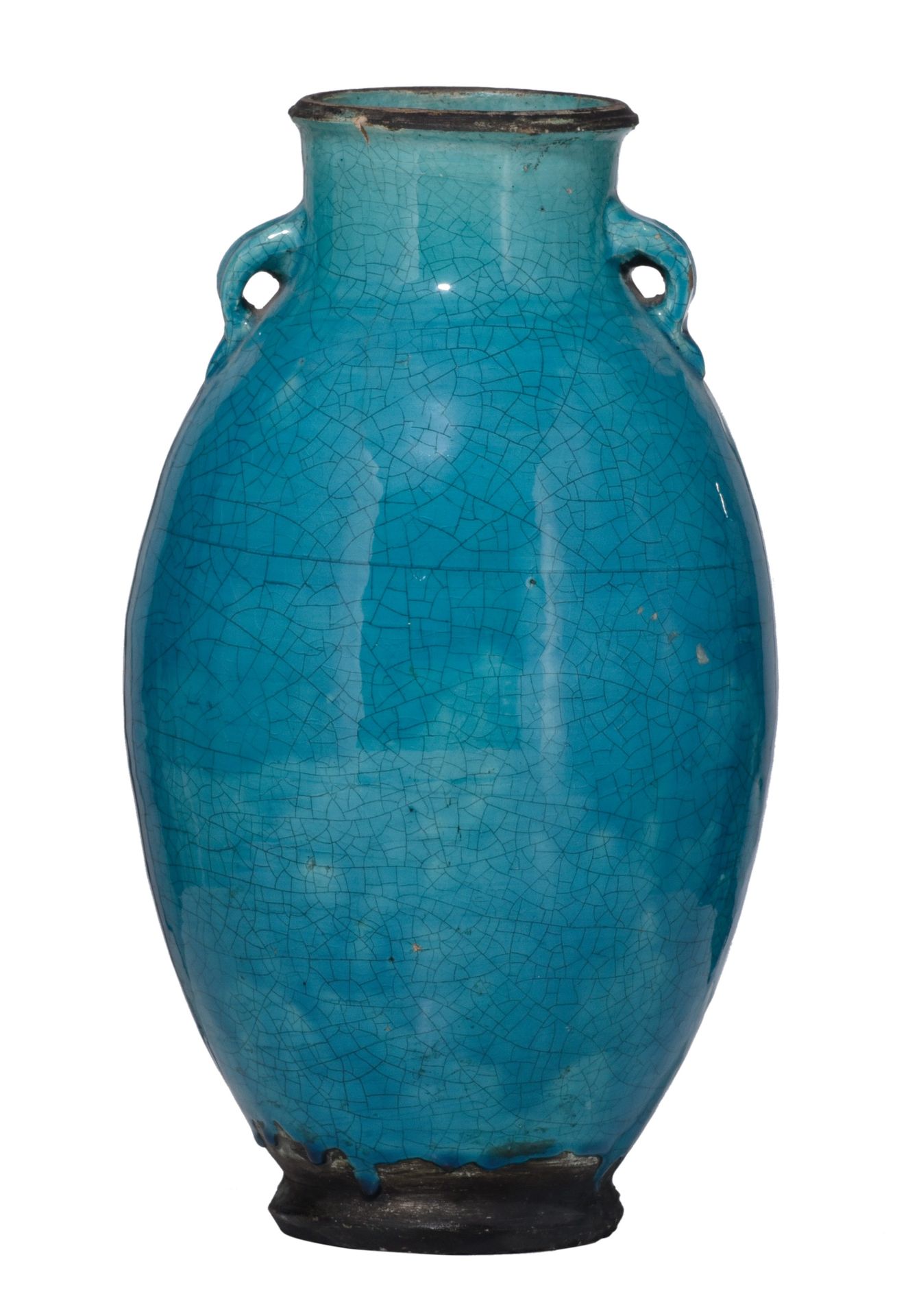 An Islamic turquoise glazed pottery vase, 15thC/16thC, H 37,5 cm Vase islamique &hellip;
