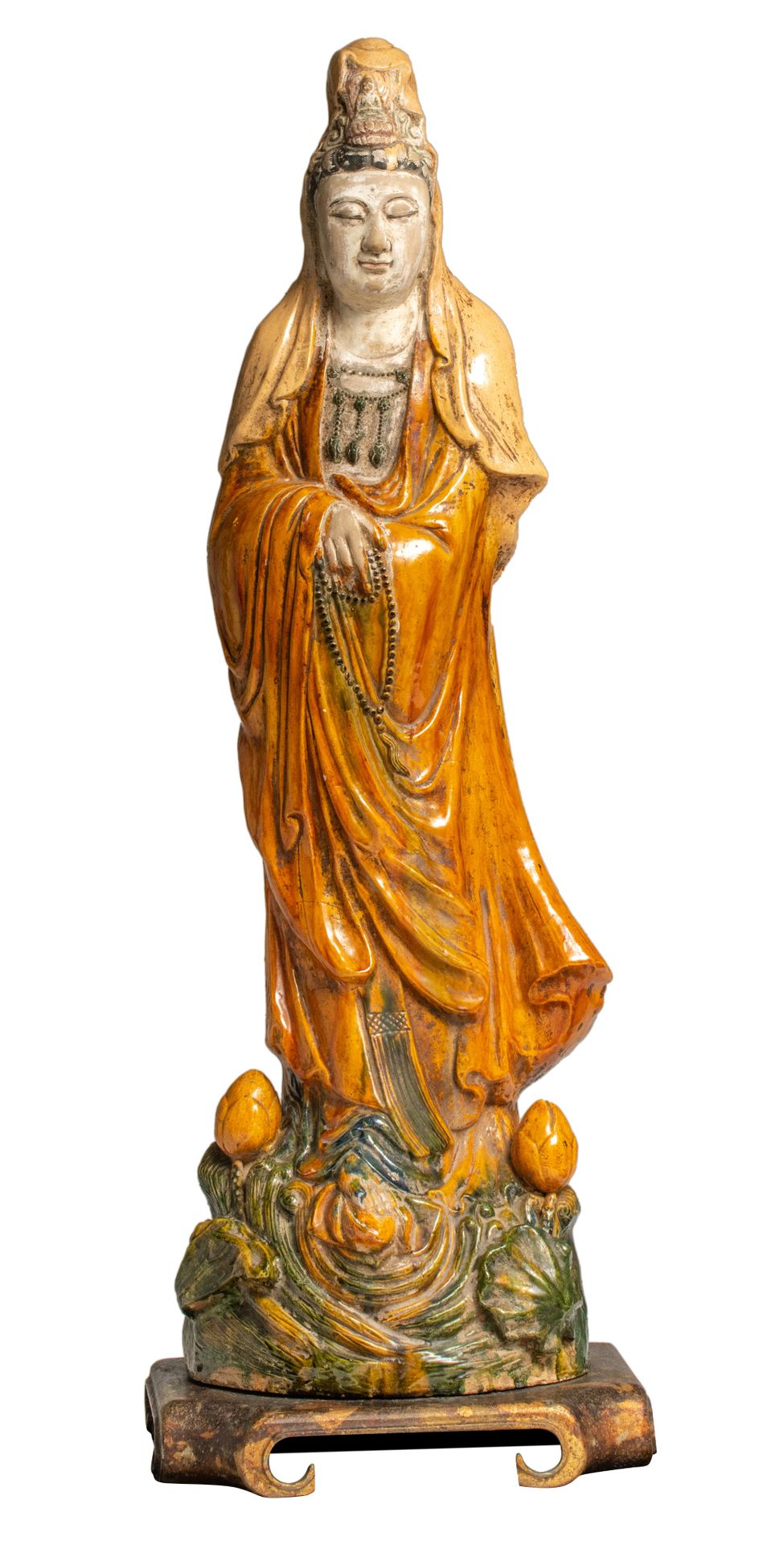 A Chinese glazed pottery figure of a standing Guanyin, H 114 - 119 cm 中国釉上观音立像，高&hellip;