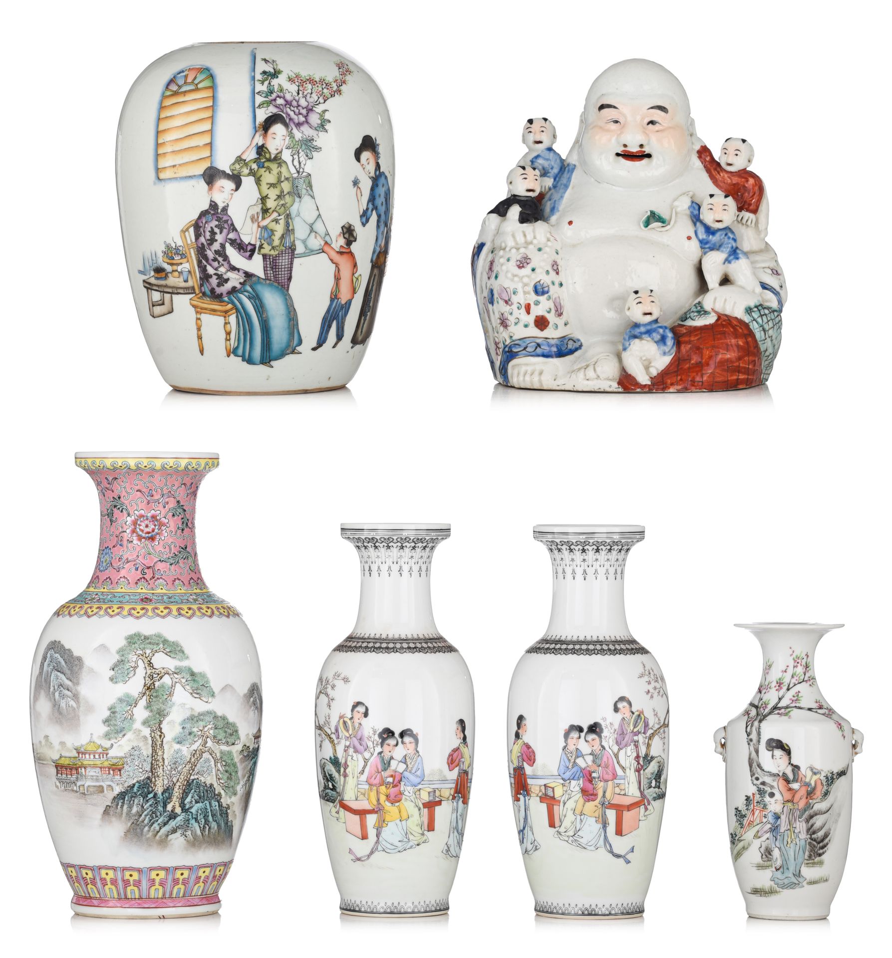 A collection of a Chinese famille rose figure, a melon-jar and vases, Republic p&hellip;