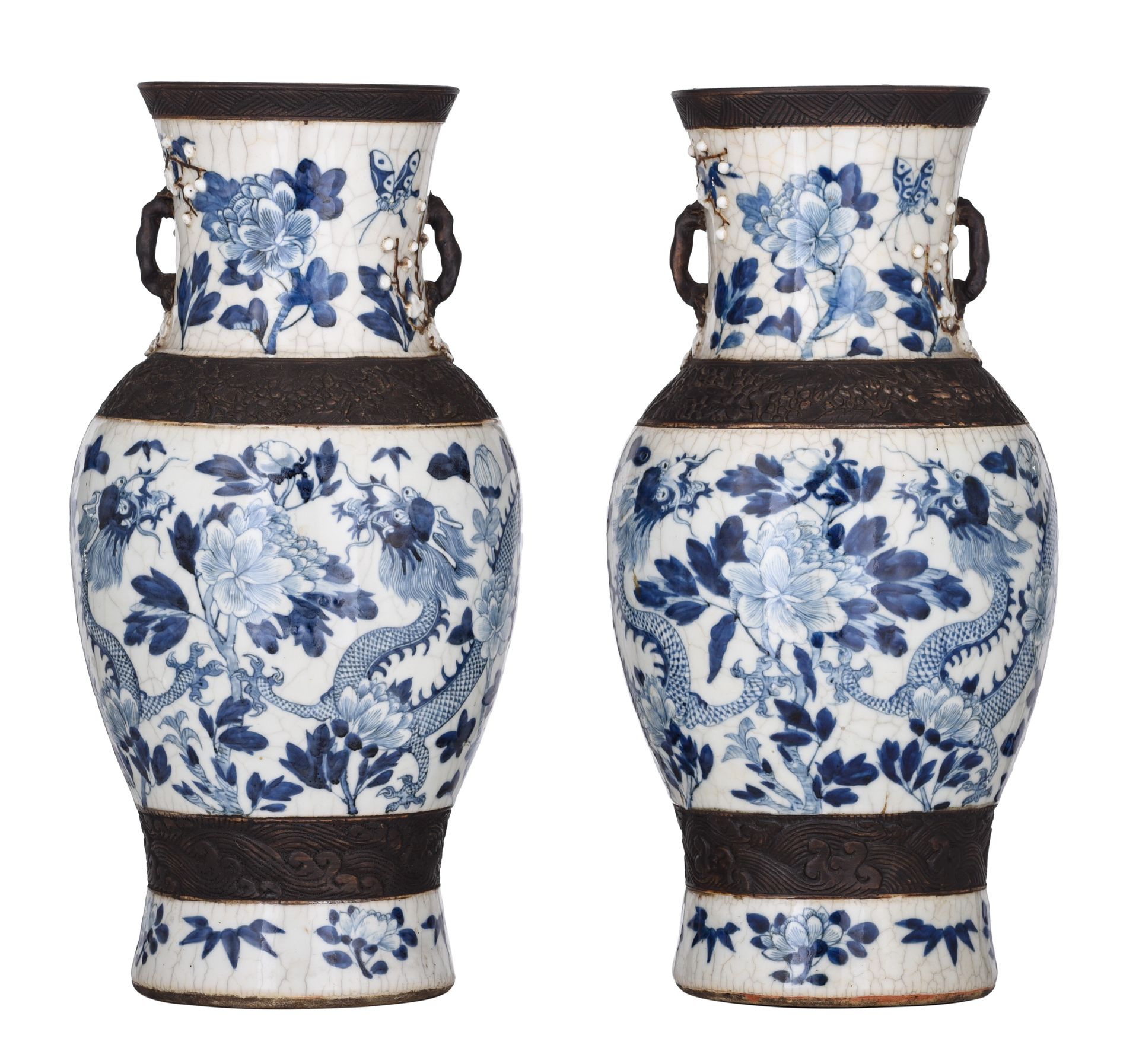 A similar pair of blue and white on crackle-glazed vases, paired with prunus han&hellip;