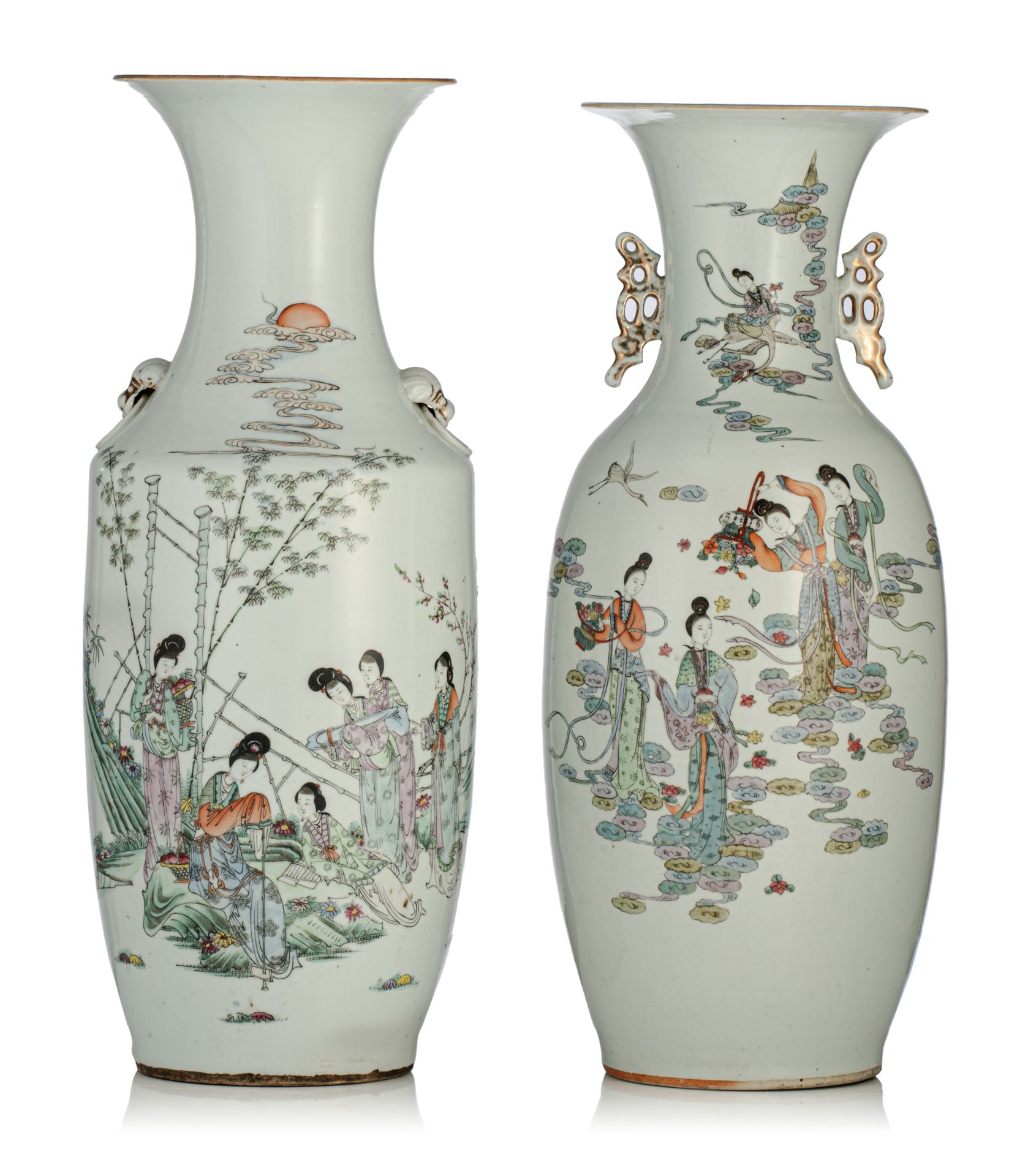 Two Chinese famille rose vases, paired with handles, the back with a signed text&hellip;