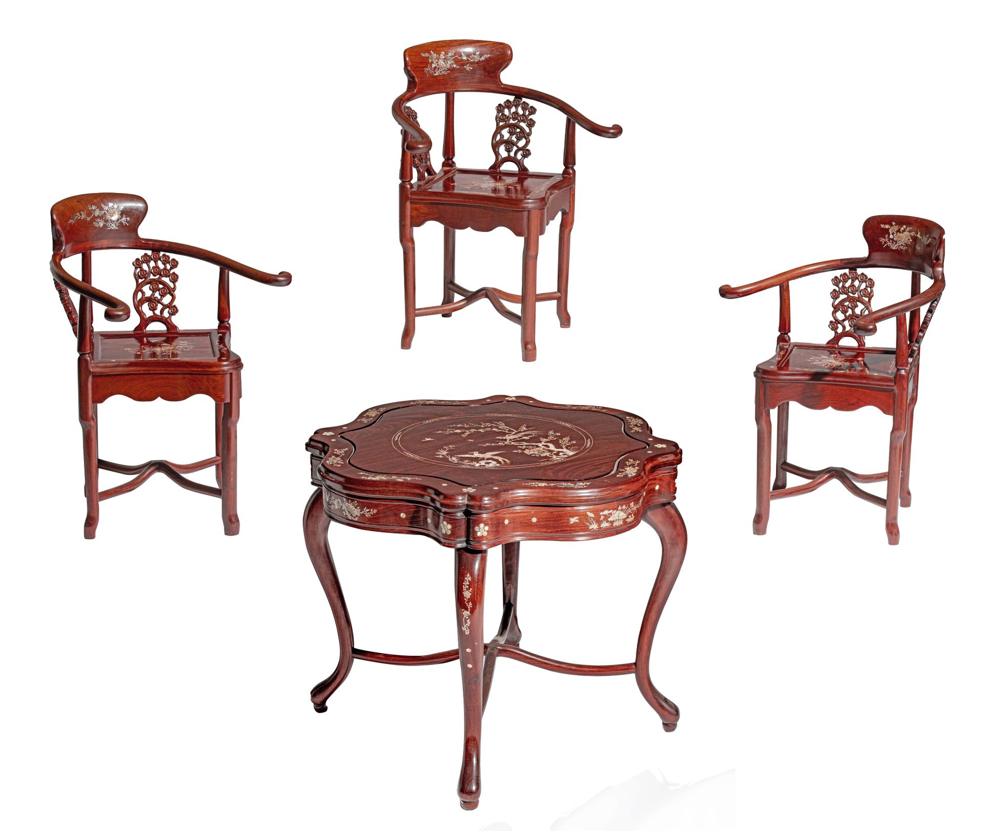 A Chinese carved rosewood table set, with mother-of-pearl inlay, 20thC, Tallest &hellip;