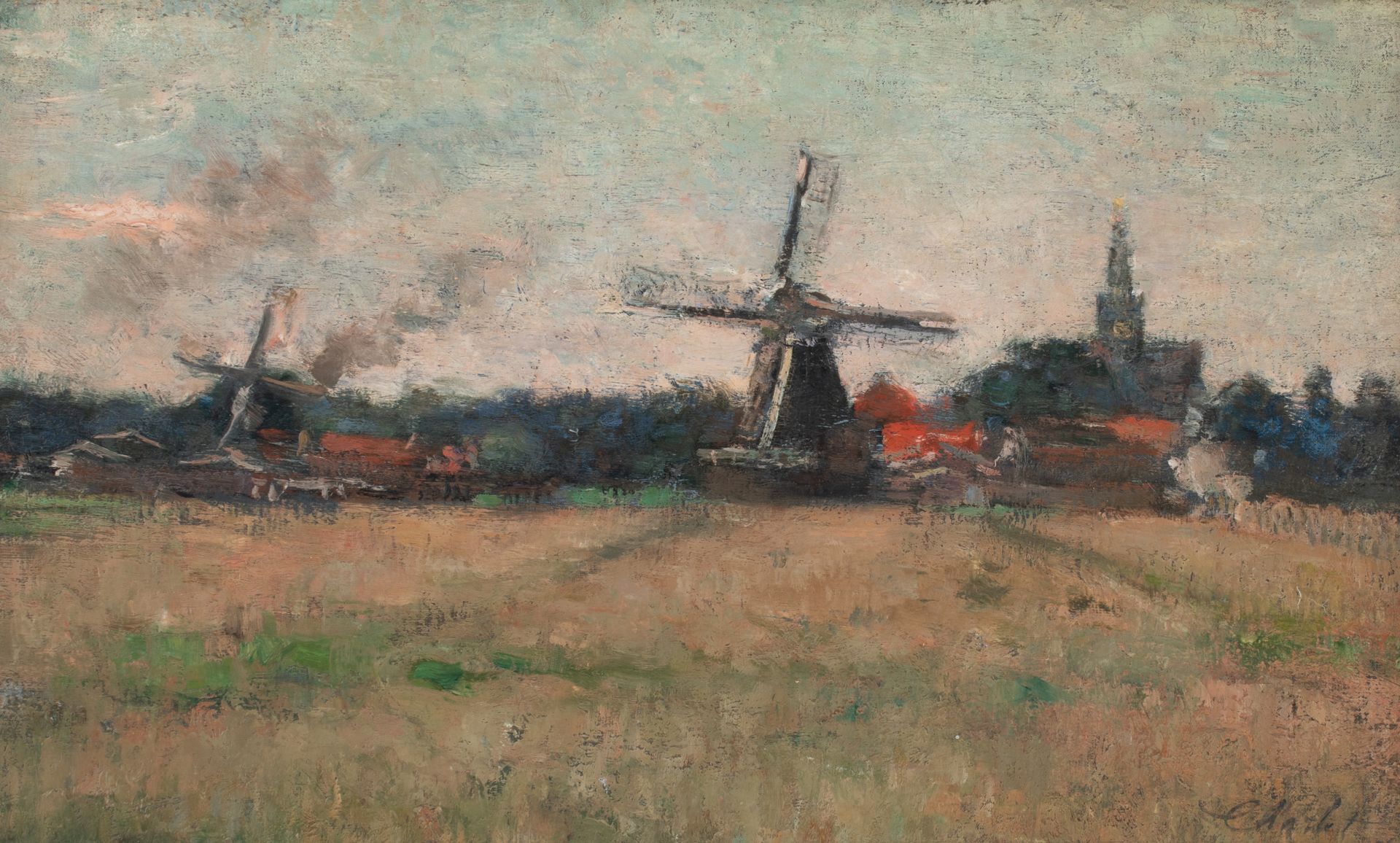 Frantz Charlet (1862-1928), view with windmills on Veere, Holland, 1886, oil on &hellip;