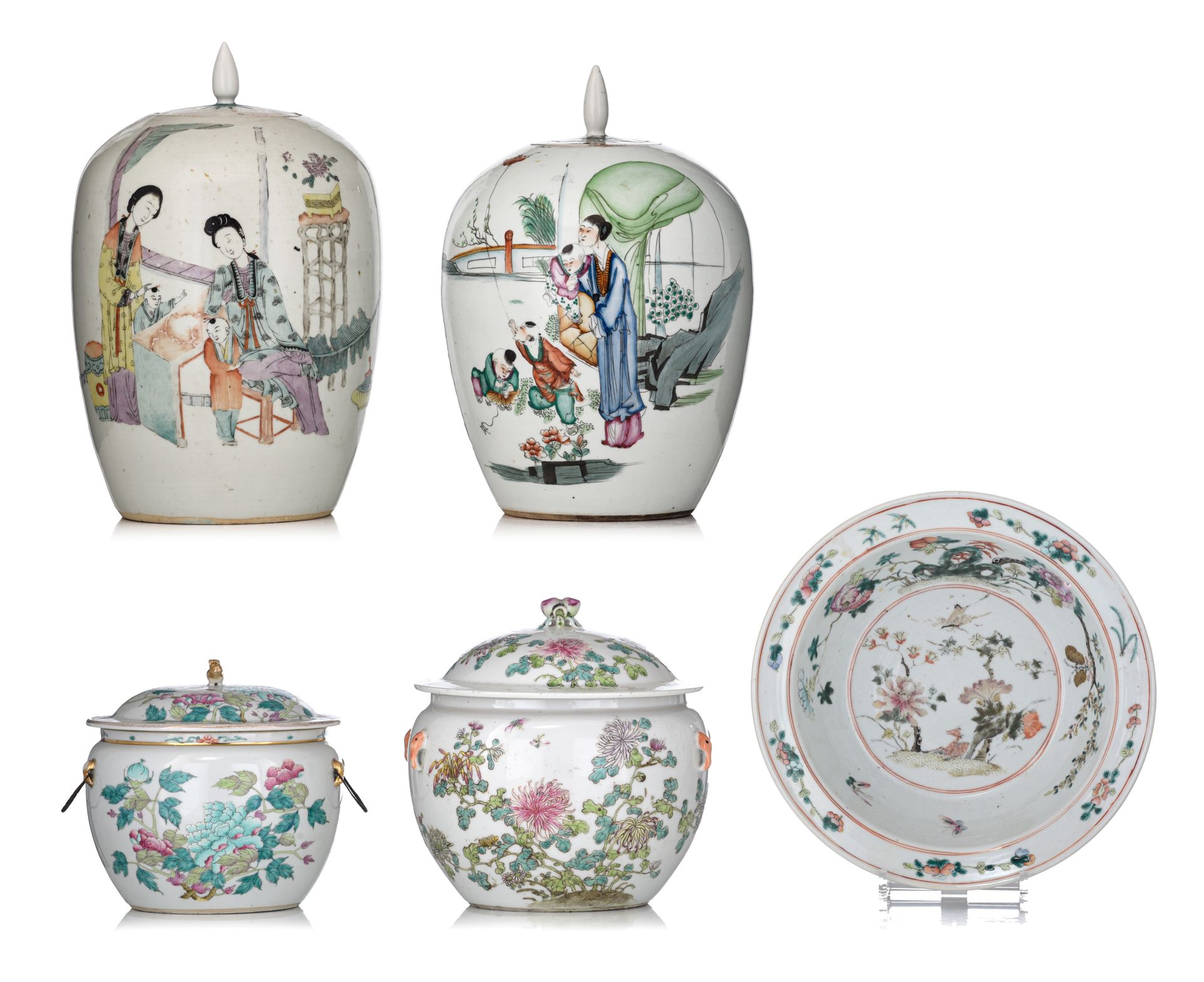A collection of Chinese famille rose food warmers, melon jars and a basin, Talle&hellip;