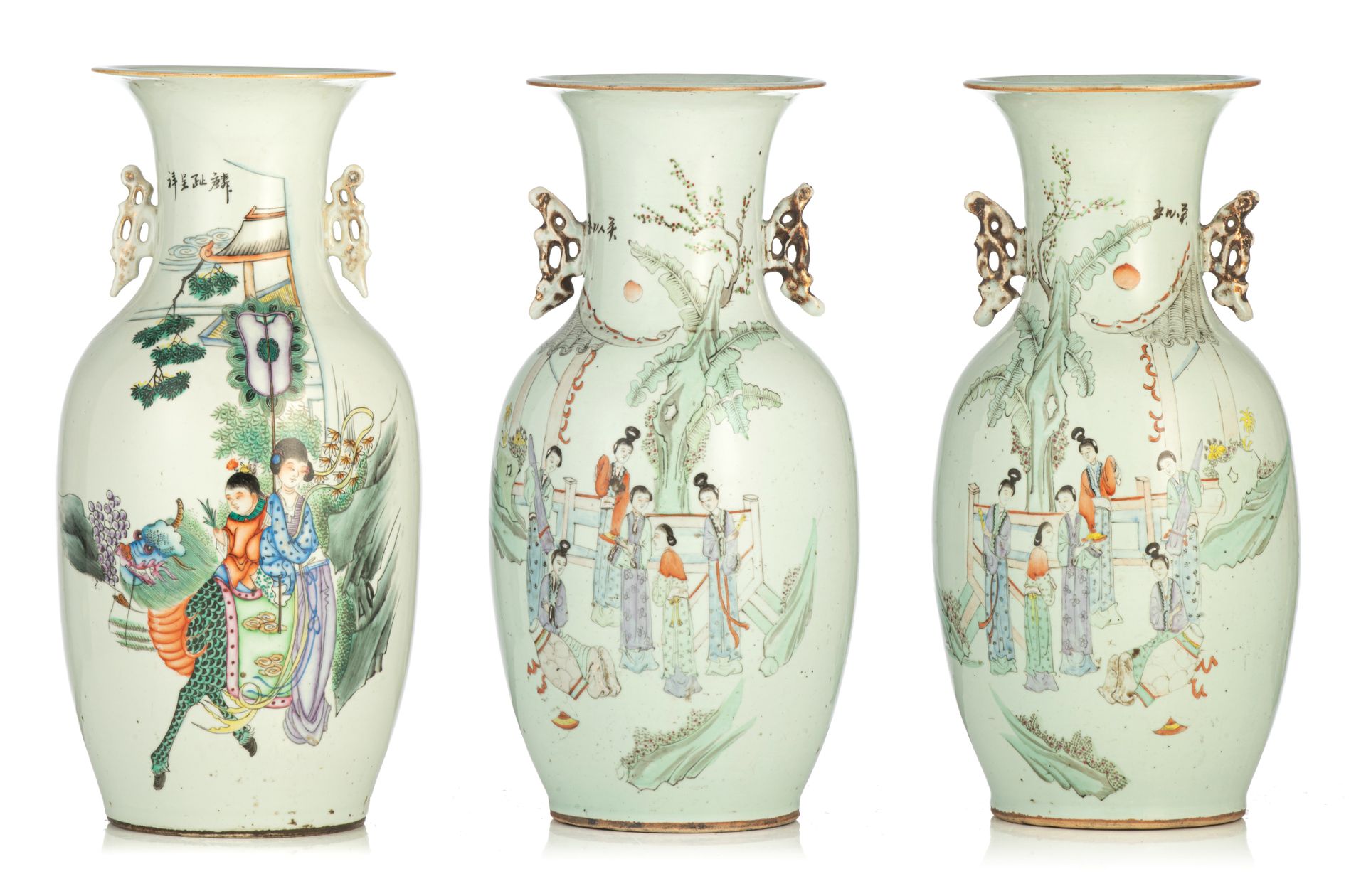 A pair of Chinese famille rose vases, with a signed text, Republic period, H 42 &hellip;